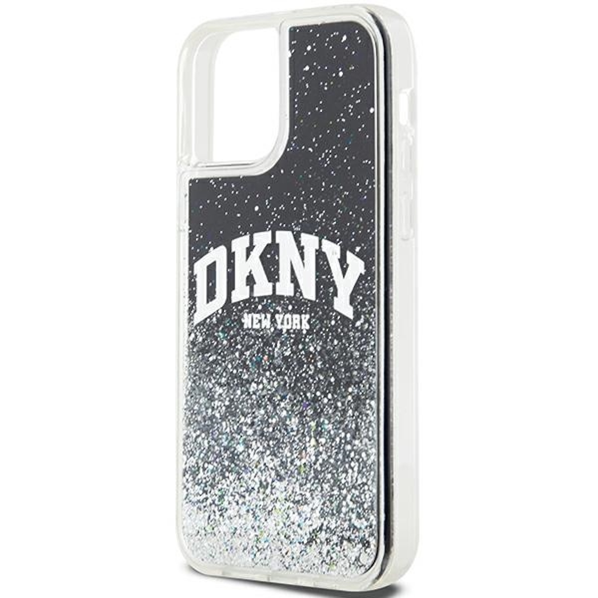 Custodia DKNY. Custodia trasparente con design glitter argento e logo DKNY.