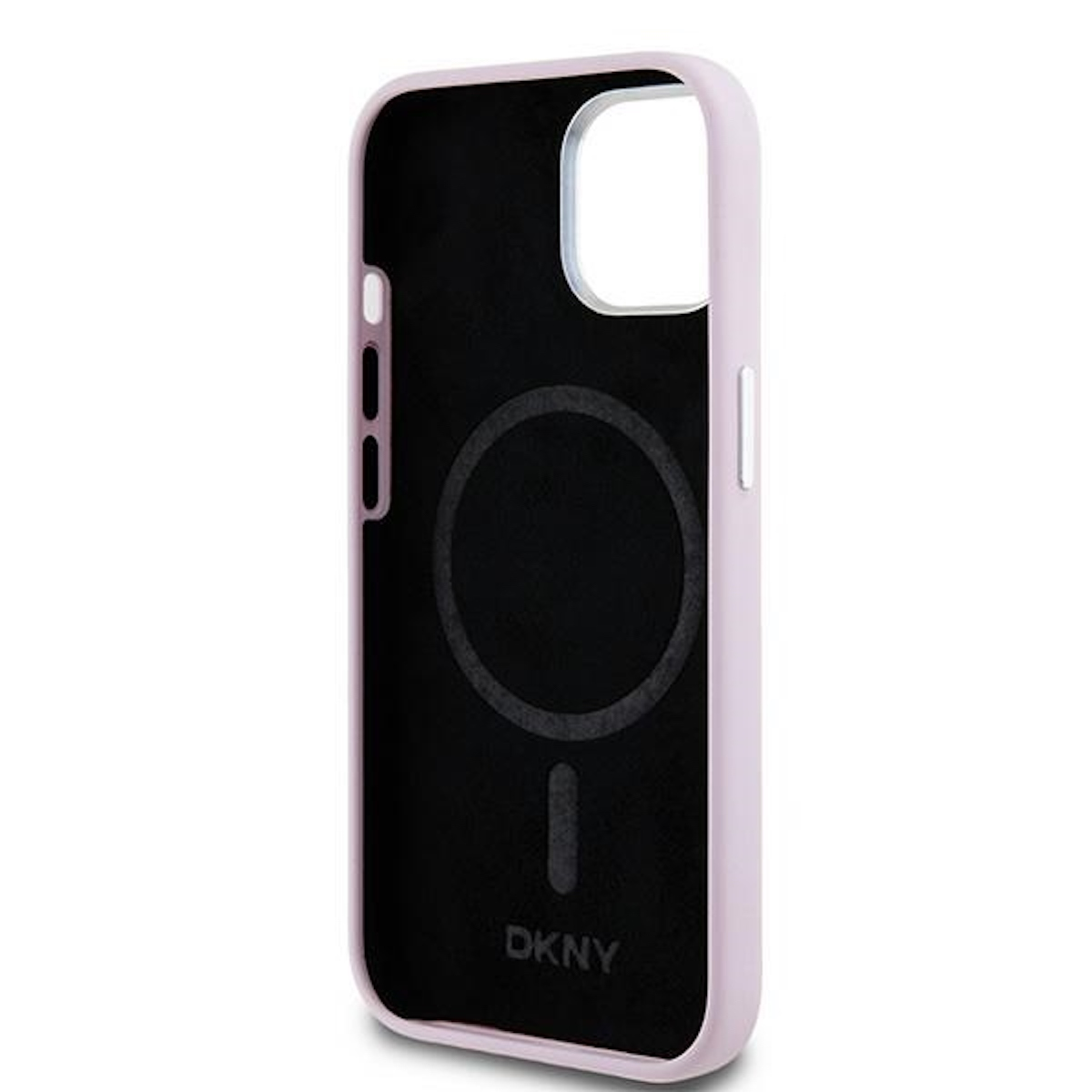 Custodia DKNY rosa, vista interna, che mostra un cerchio scuro e il logo DKNY.