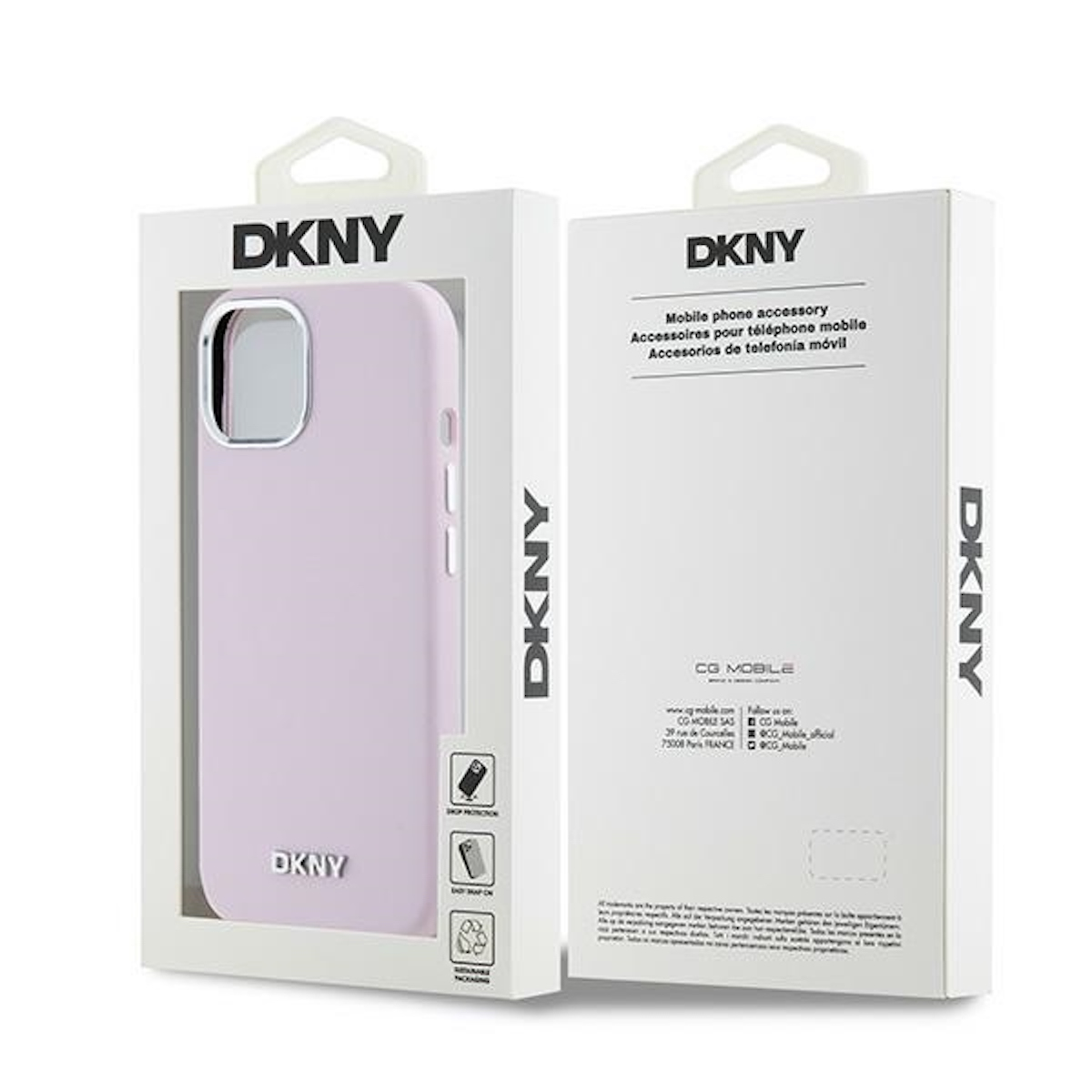 Scatola bianca per custodia DKNY. La scatola presenta il logo DKNY e una custodia rosa.
