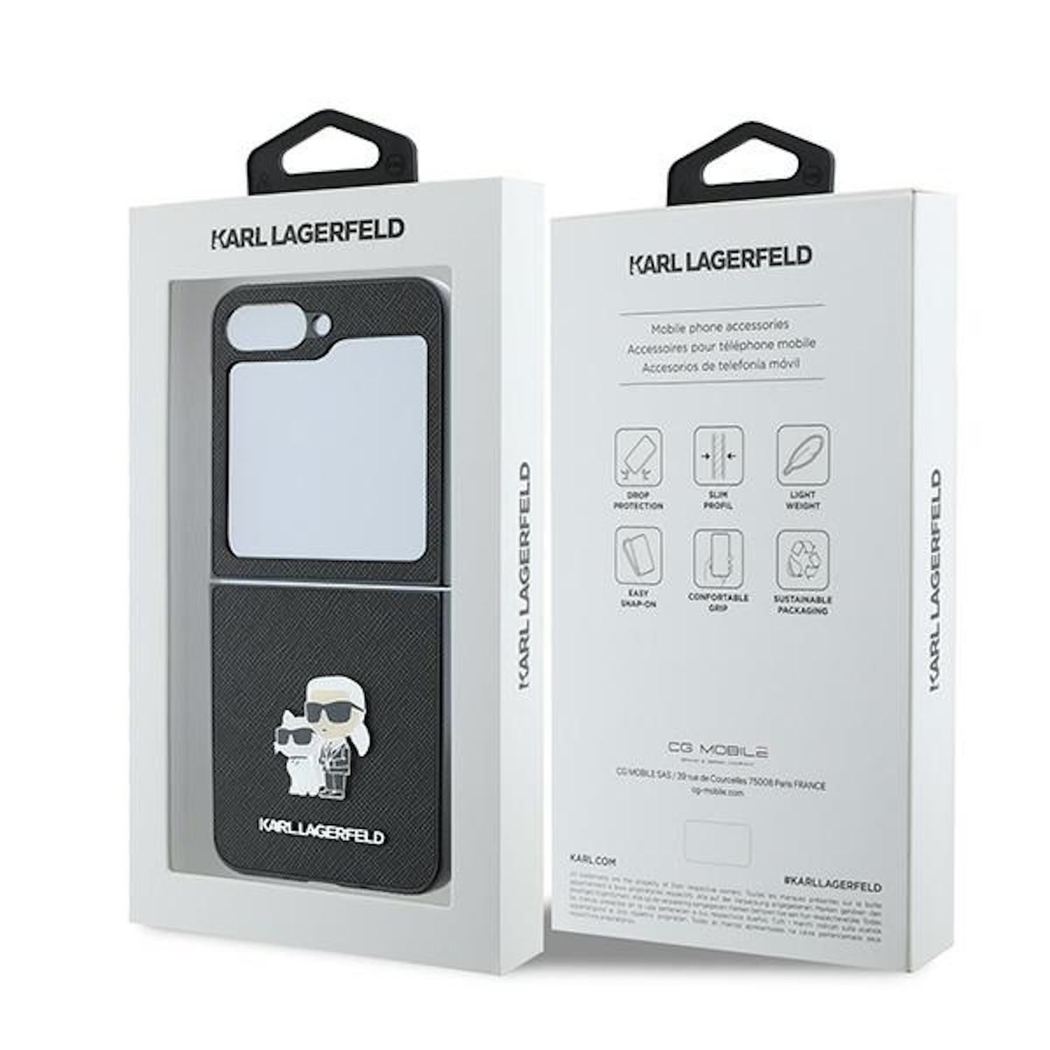 Scatola bianca per custodia per telefono Karl Lagerfeld con custodia all'interno, che mostra il marchio.