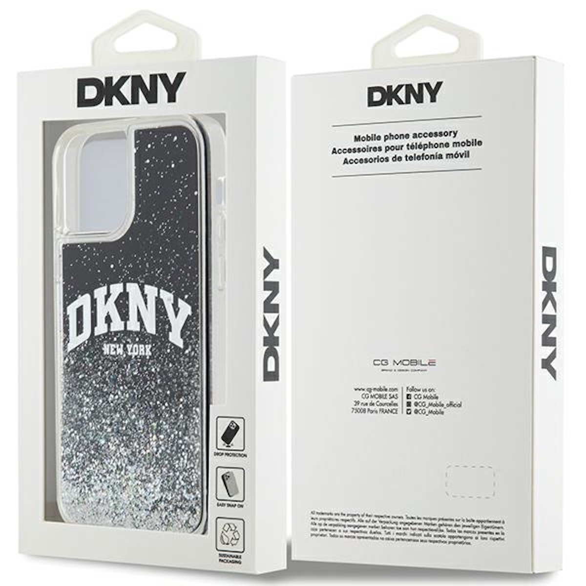 Una custodia per telefono DKNY in una scatola. La custodia ha un design glitter nero e argento.