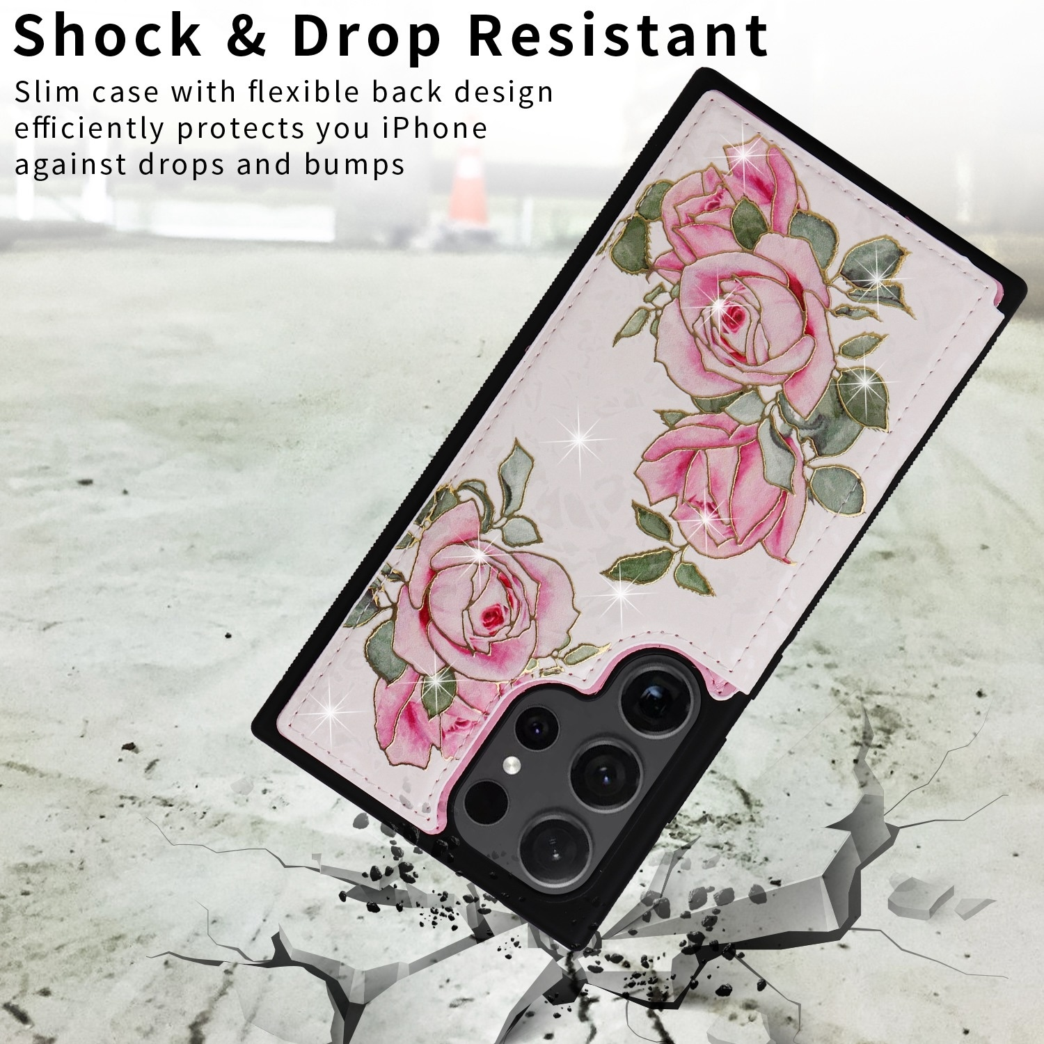 Handyhülle mit Rosen in zerbrochener Umgebung. Text: 'Stoß- & Sturzfest'.