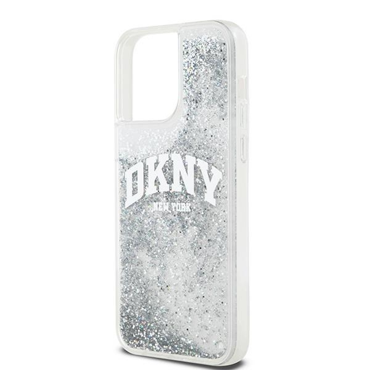 Transparente DKNY-Handyhülle mit Glitzereffekt. Das DKNY-Logo ist sichtbar.