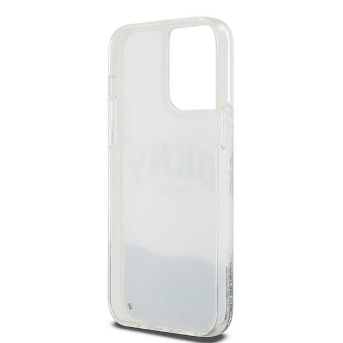 Transparente Handyhülle mit DKNY-Logo. Glitzerhintergrund. Klarer Rahmen. Winkelansicht.