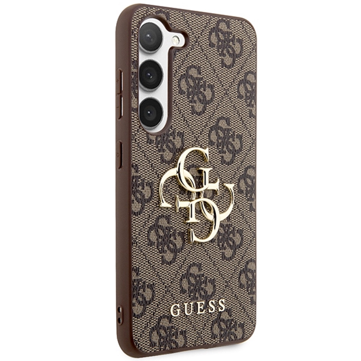 Custodia per telefono con il logo Guess. È una custodia per telefono. Il telefono ha tre fotocamere.