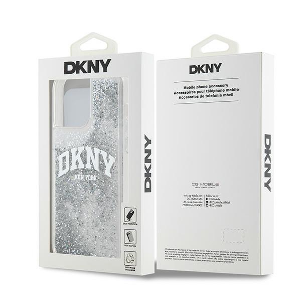 Eine weiße DKNY-Handyhülle-Box mit einer glitzernden Hülle, die durch ein Fenster sichtbar ist.
