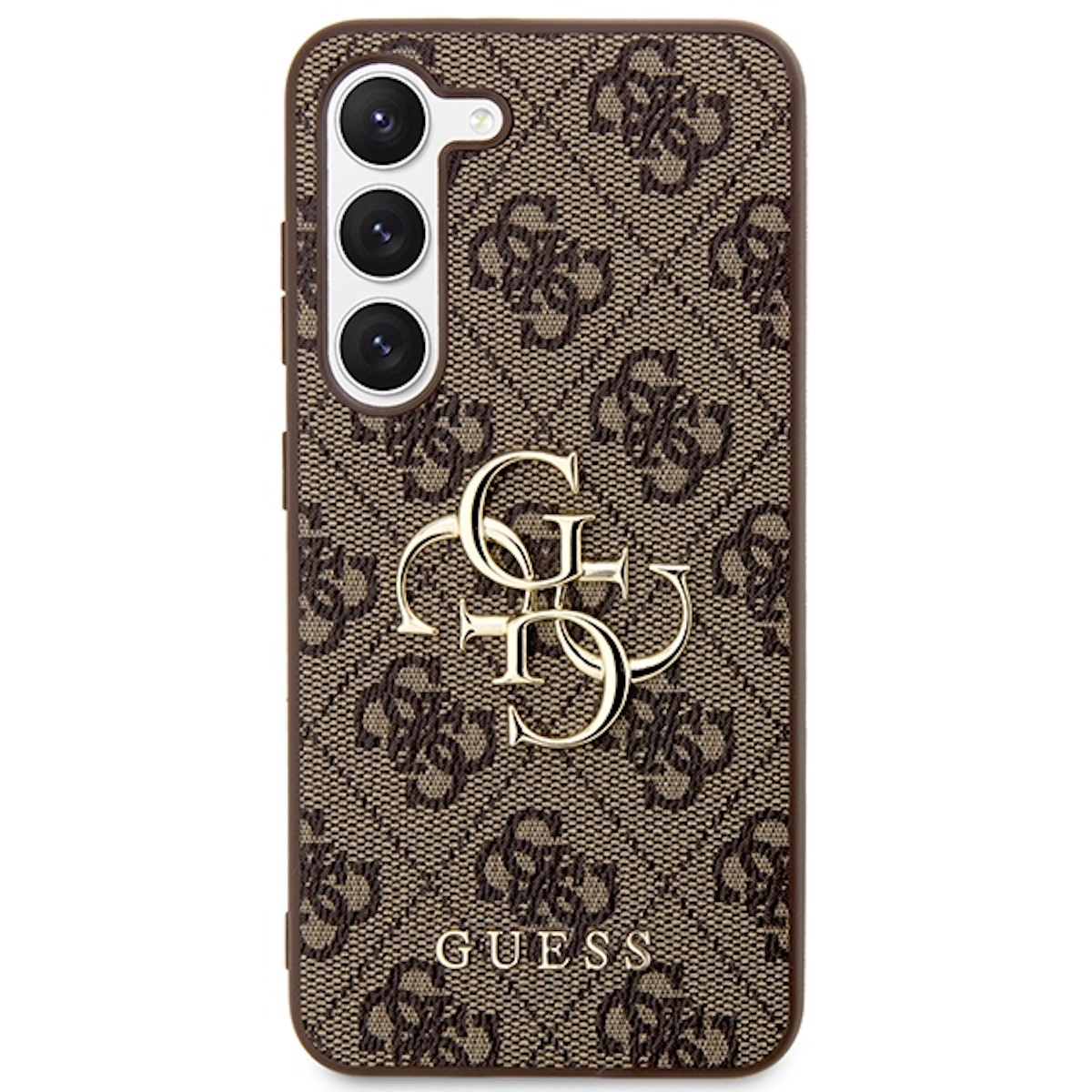 Custodia per telefono con il logo Guess. È una custodia per telefono. Il telefono ha tre fotocamere.