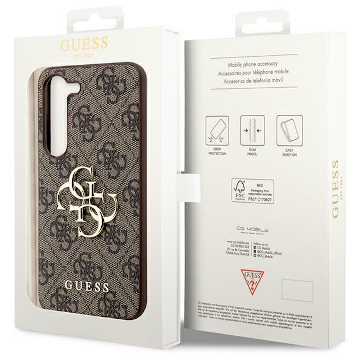 Custodia per telefono Guess in scatola. Motivo logo marrone sulla custodia e sulla scatola.