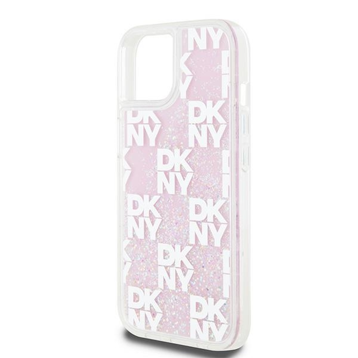 Una custodia per telefono con DKNY e NY in bianco su uno sfondo rosa glitterato.