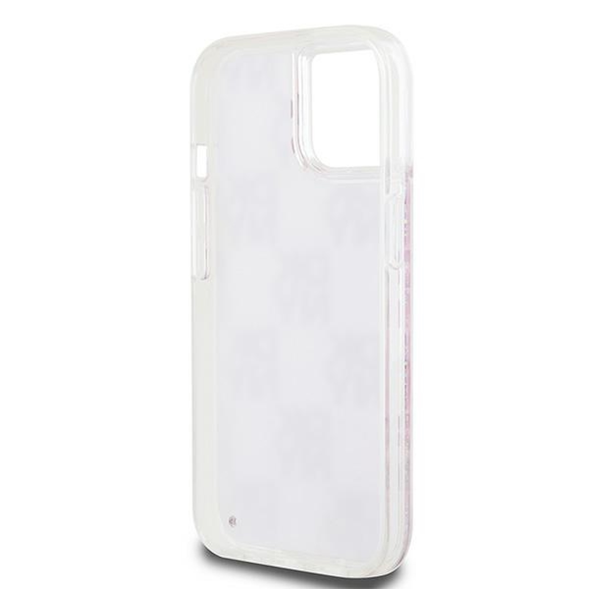 Custodia trasparente con logo DKNY rosa. Sfondo glitterato. Cornice bianca. Vista angolata.