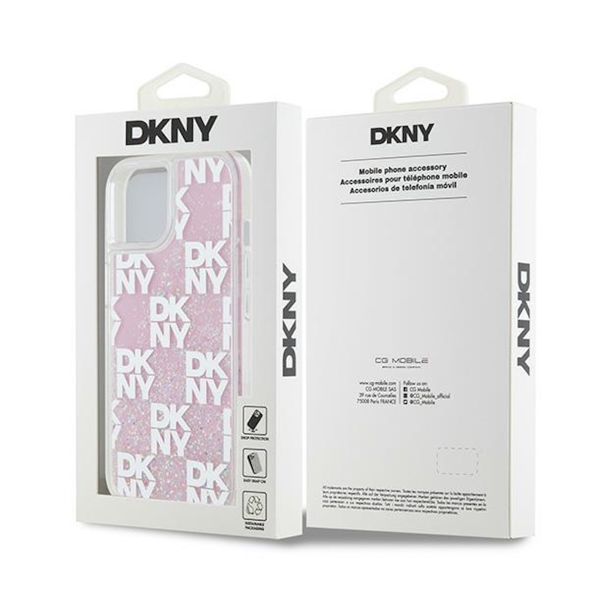 Custodia DKNY in scatola. Scatola bianca con custodia trasparente. Logo e testo sugli accessori mobili.