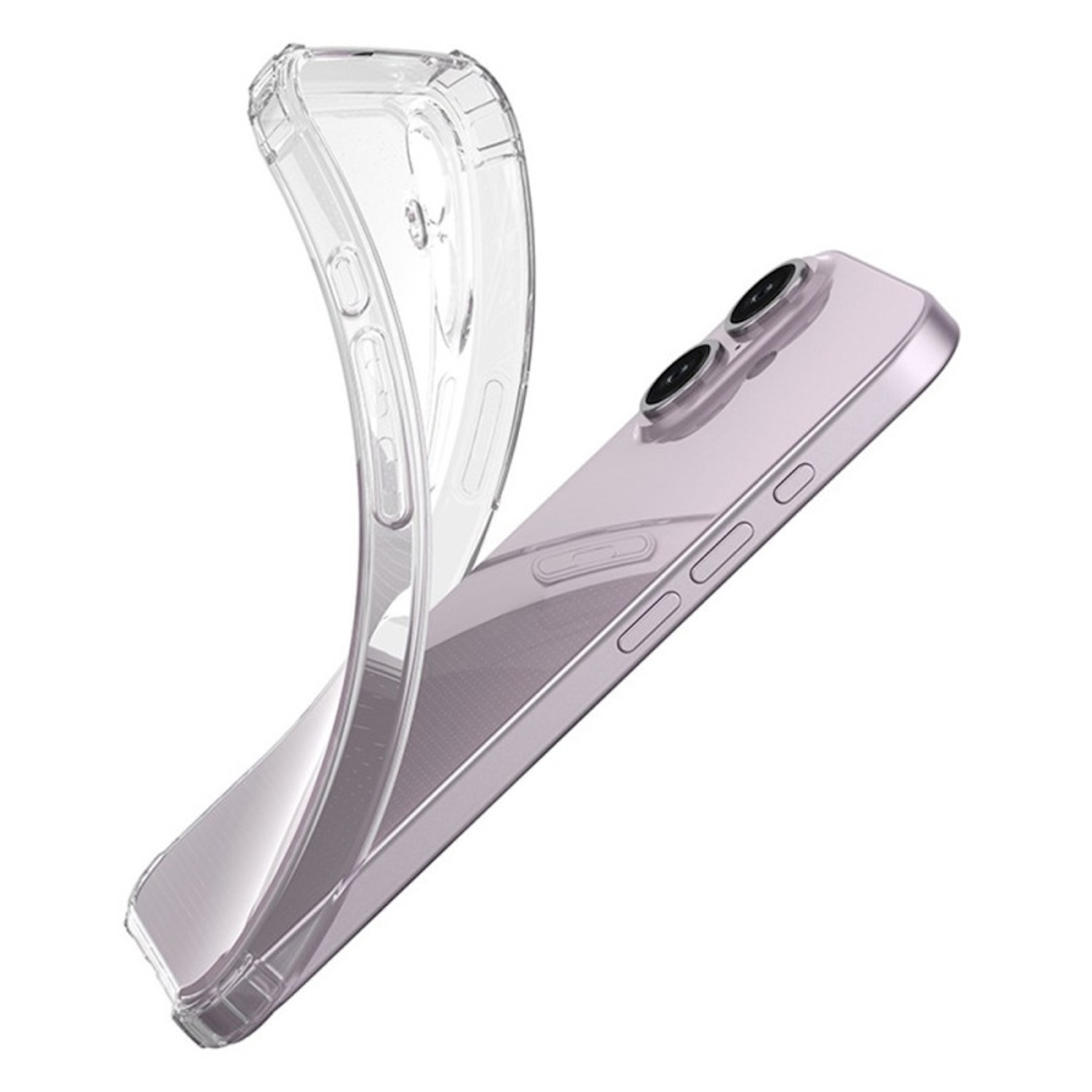 Transparente, flexible Handyhülle. Telefon ist helllila. Hülle in der Luft, Telefon rechts.