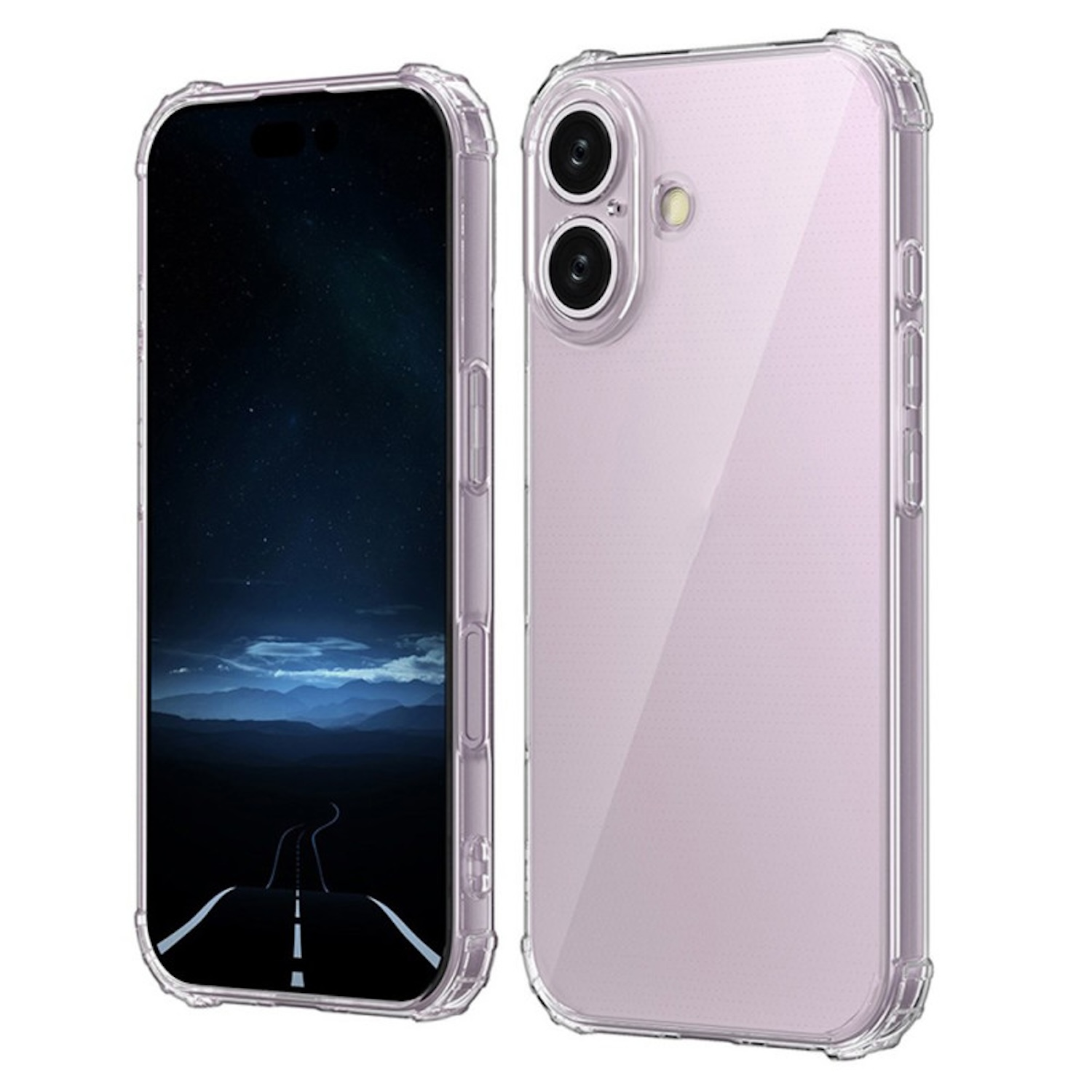Zwei Handyhüllen, eine vorne und eine hinten. Transparente Hülle und ein Telefon mit blauem Bildschirm.