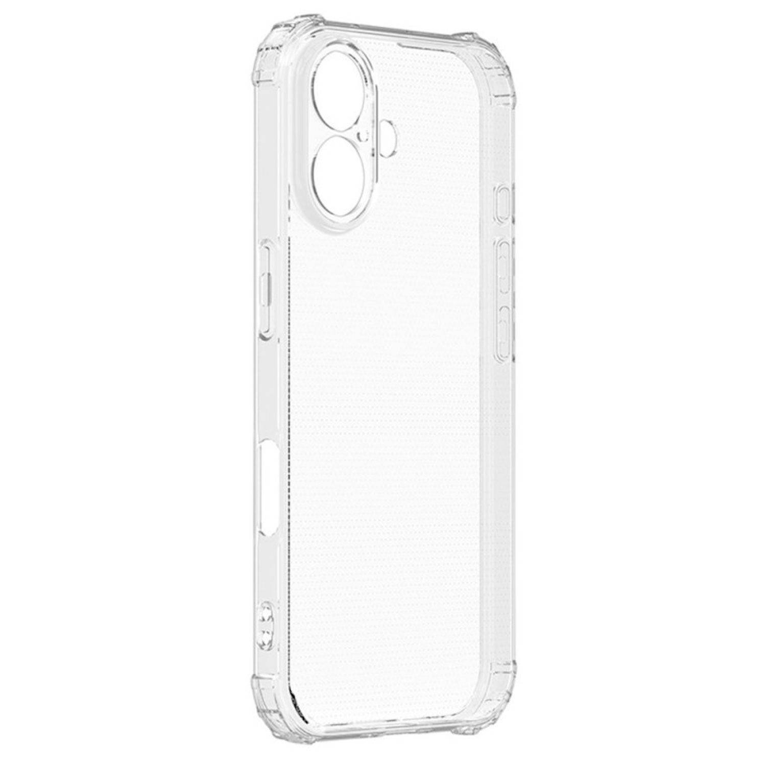 Transparente Handyhülle. Sie ist transparent mit Schutzrahmen an den Kanten. Sie hat Löcher für die Kamera.