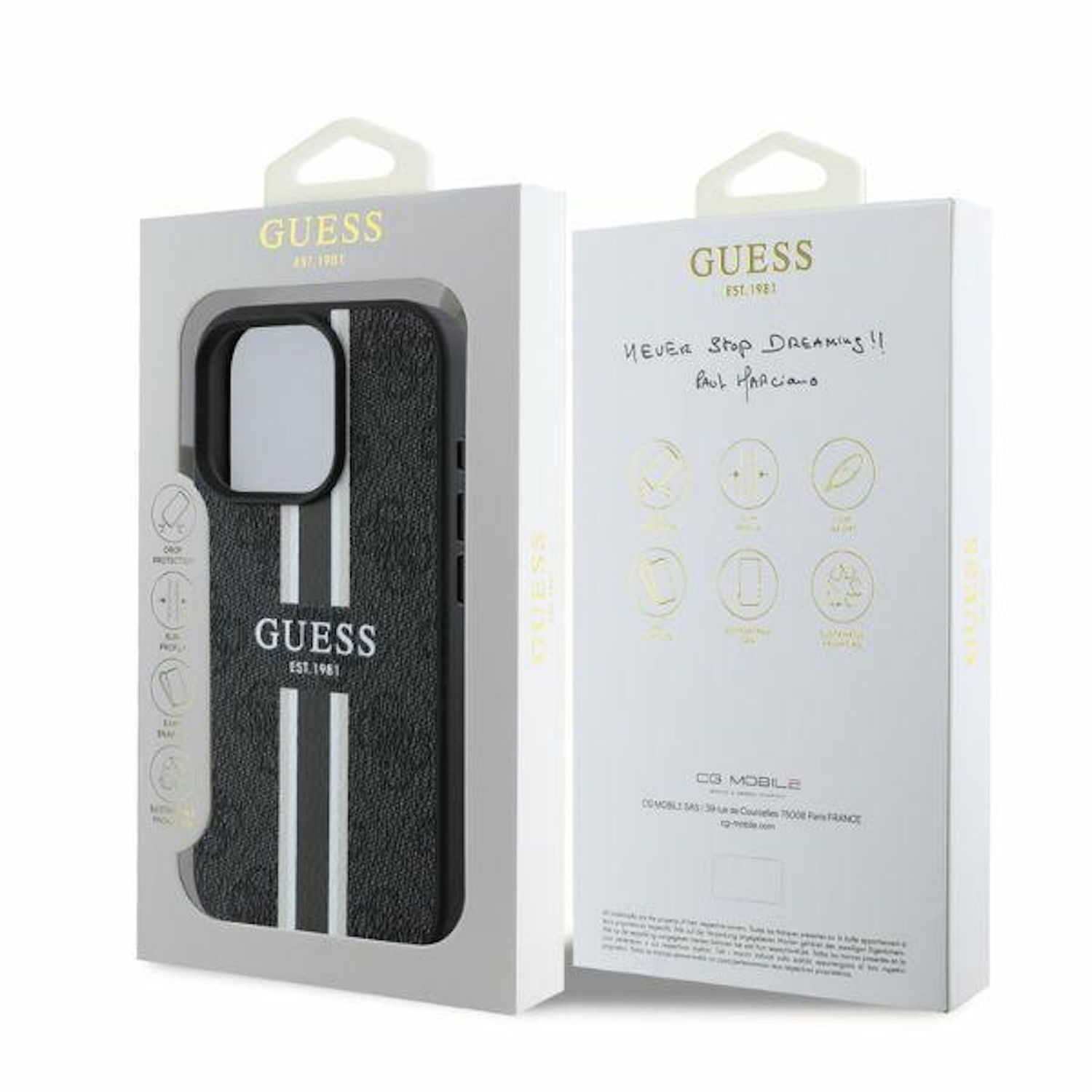 Schwarz-weiß gestreifte Handyhülle in einer Box. Guess-Logo auf Vorder- und Rückseite.