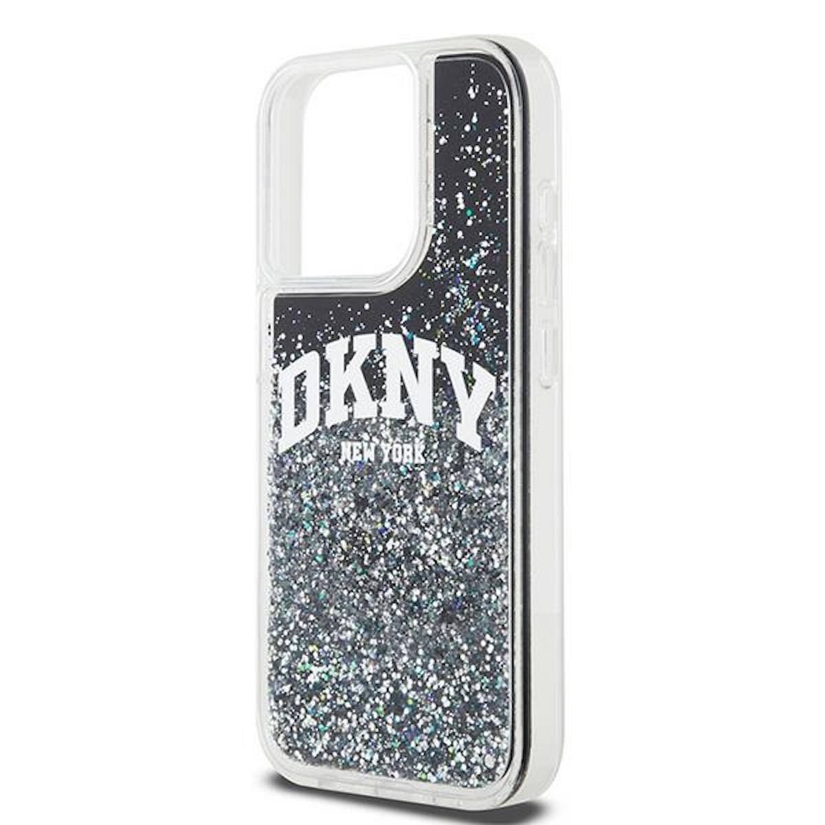 Custodia per telefono con logo DKNY su sfondo nero glitterato e bordi trasparenti.