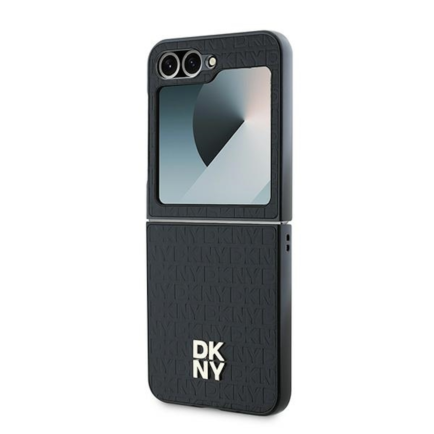 Custodia per telefono DKNY nera. È una custodia pieghevole con il logo DKNY. La custodia contiene il telefono.