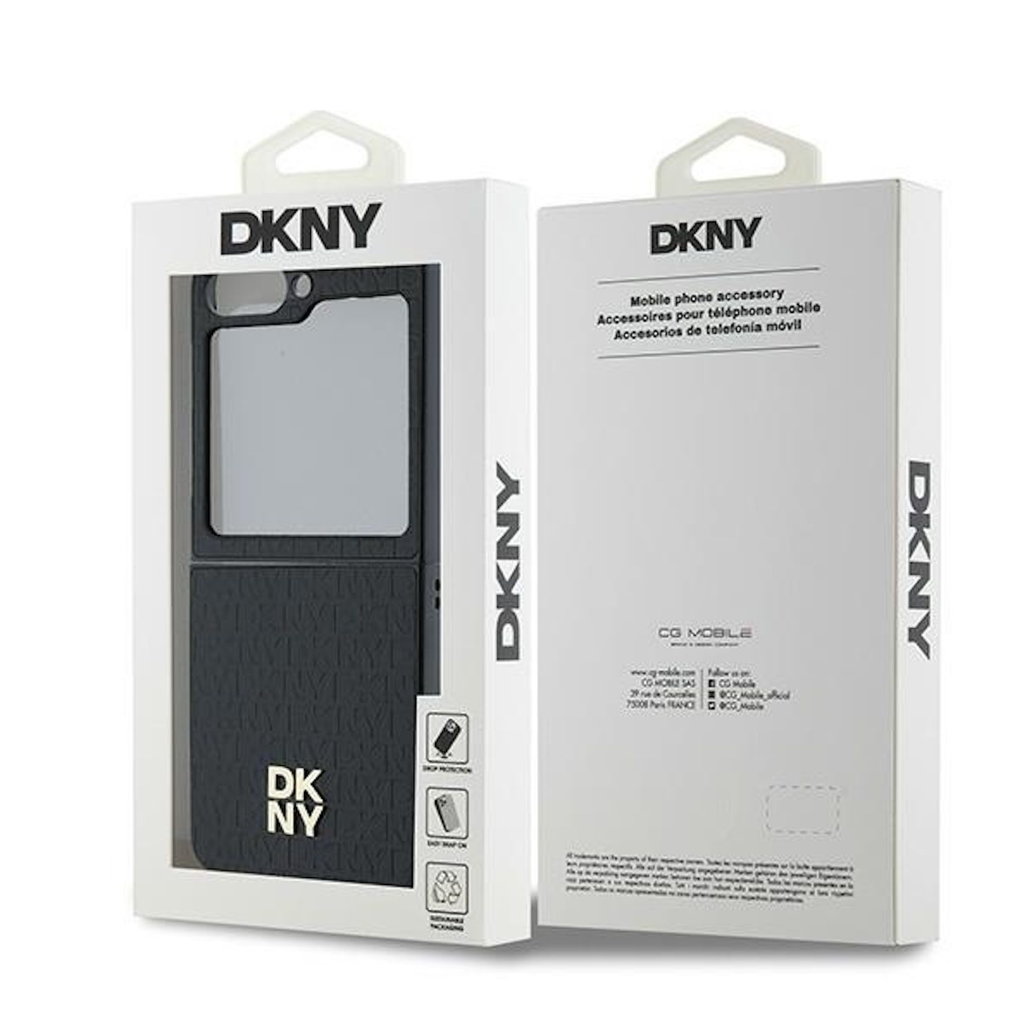 Scatola della custodia del telefono DKNY. Custodia nera visibile. Testo sulla scatola. Sfondo bianco.