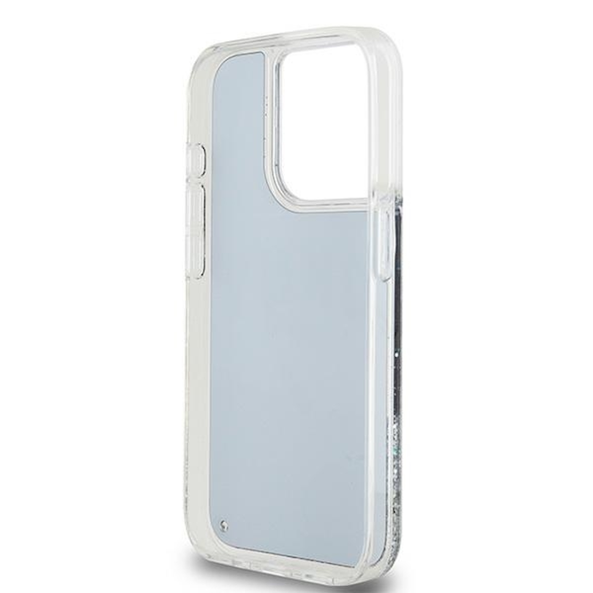 Custodia trasparente per telefono con sfondo azzurro. La custodia è trasparente con una cornice protettiva sui bordi.