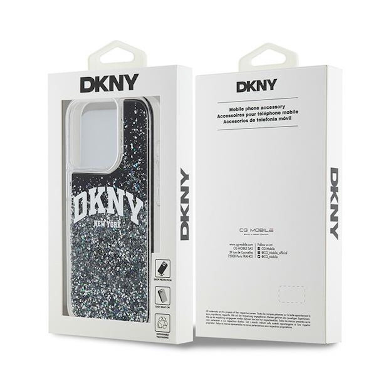 Viene mostrata una scatola di custodie per telefoni DKNY, che mostra una custodia per telefono con glitter e il logo DKNY.