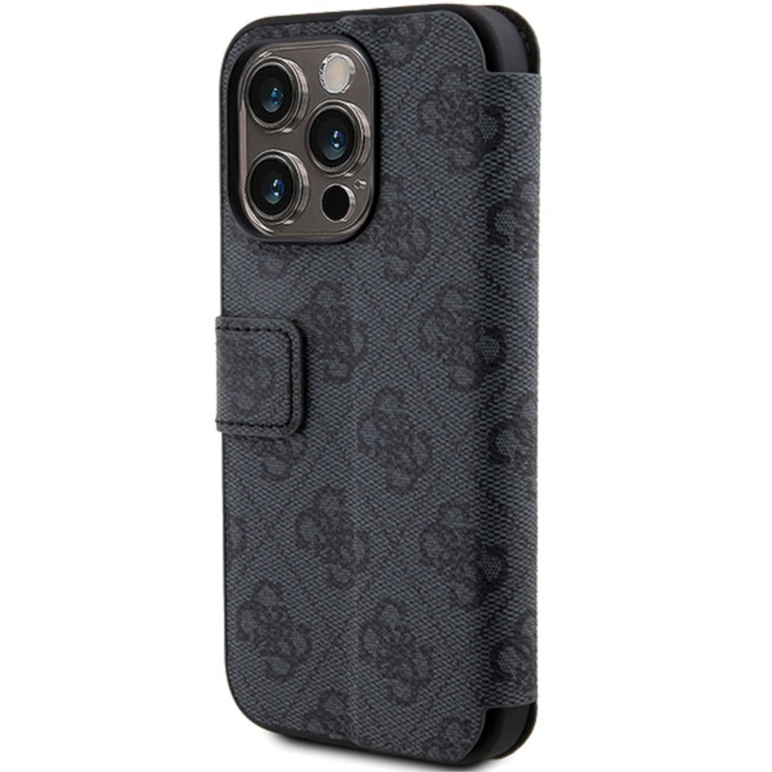 Custodia per telefono grigio scuro con motivo logo Guess. La custodia è un design a portafoglio con chiusura magnetica.