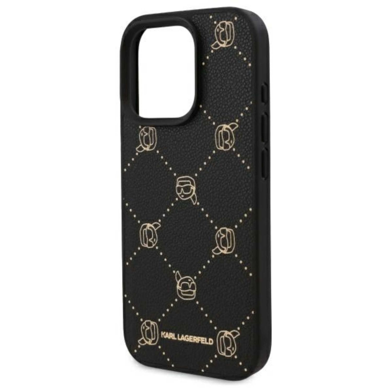 Schwarze Handyhülle mit Karl Lagerfeld Logo-Muster. Die Hülle hat goldene Punkte und Logos.