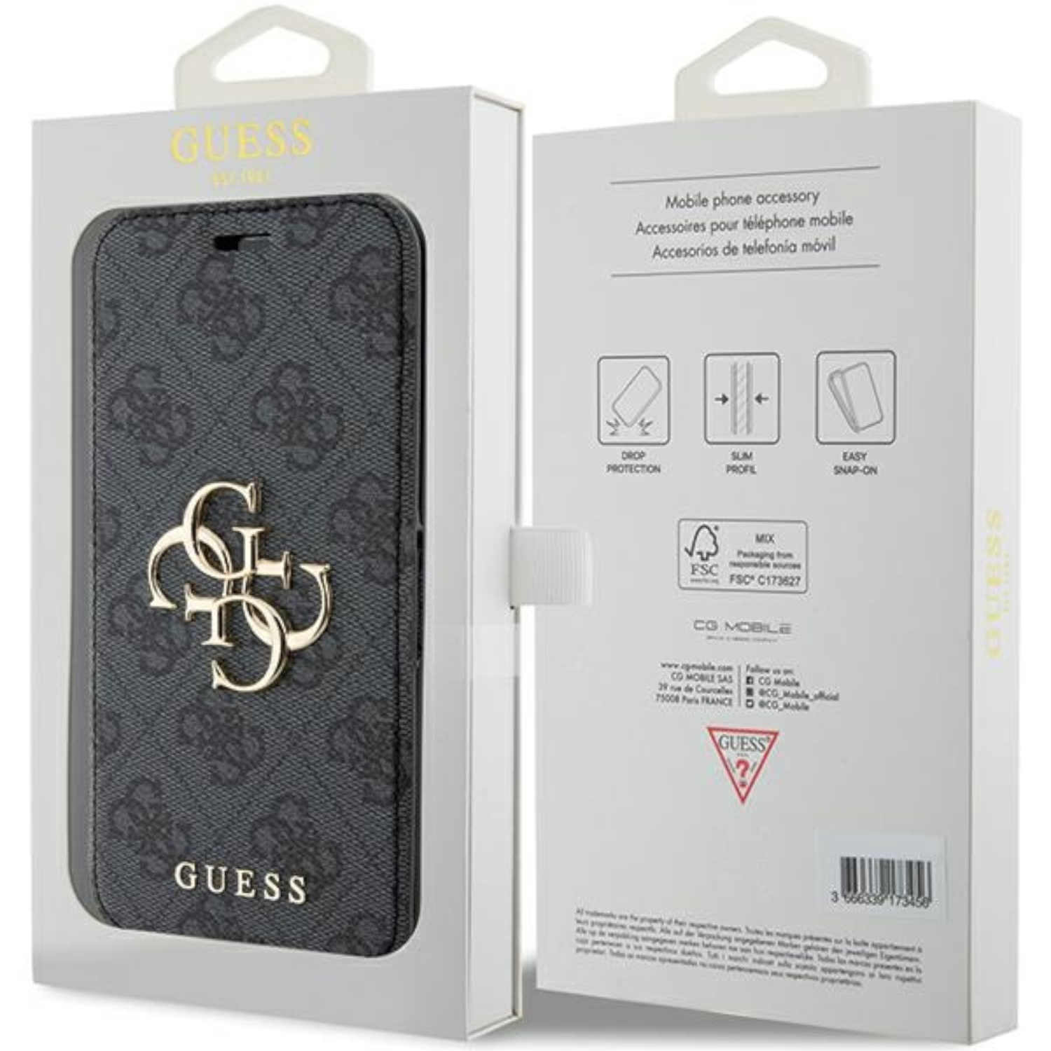 Custodia per telefono Guess in scatola. La custodia è grigio scuro con motivo logo e logo dorato. La scatola è bianca.