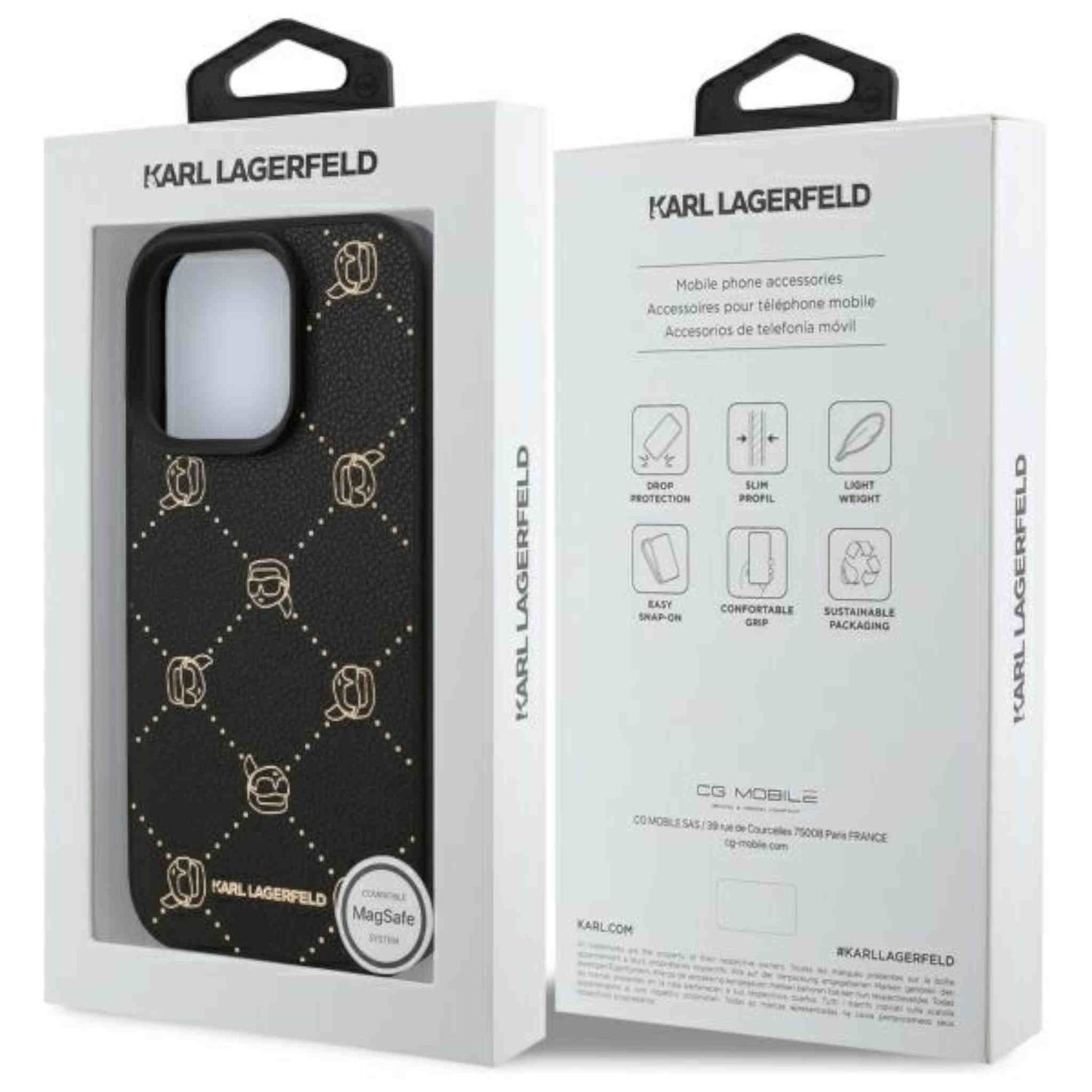 Schwarze Handyhülle in der Box mit Karl Lagerfeld Logo. Die Hülle hat goldene Logos auf schwarzem Untergrund.