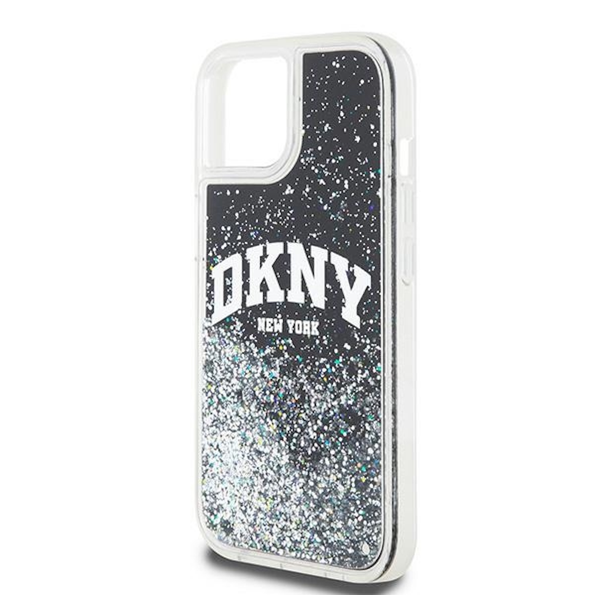 Custodia trasparente per telefono con il logo DKNY. La custodia ha brillantini su sfondo nero.