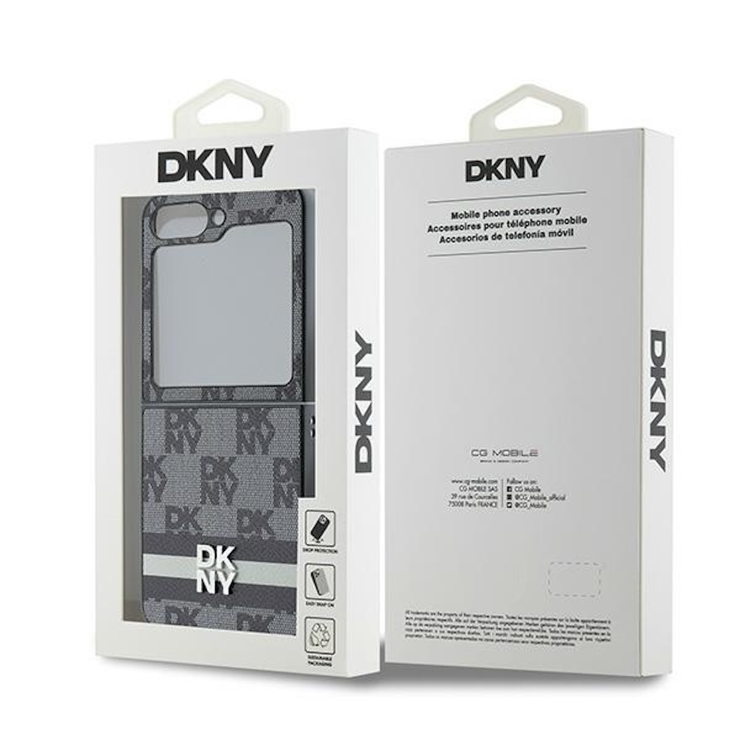 Confezione della custodia per telefono DKNY, include una custodia e una cover protettiva trasparente. Testo sulla scatola.