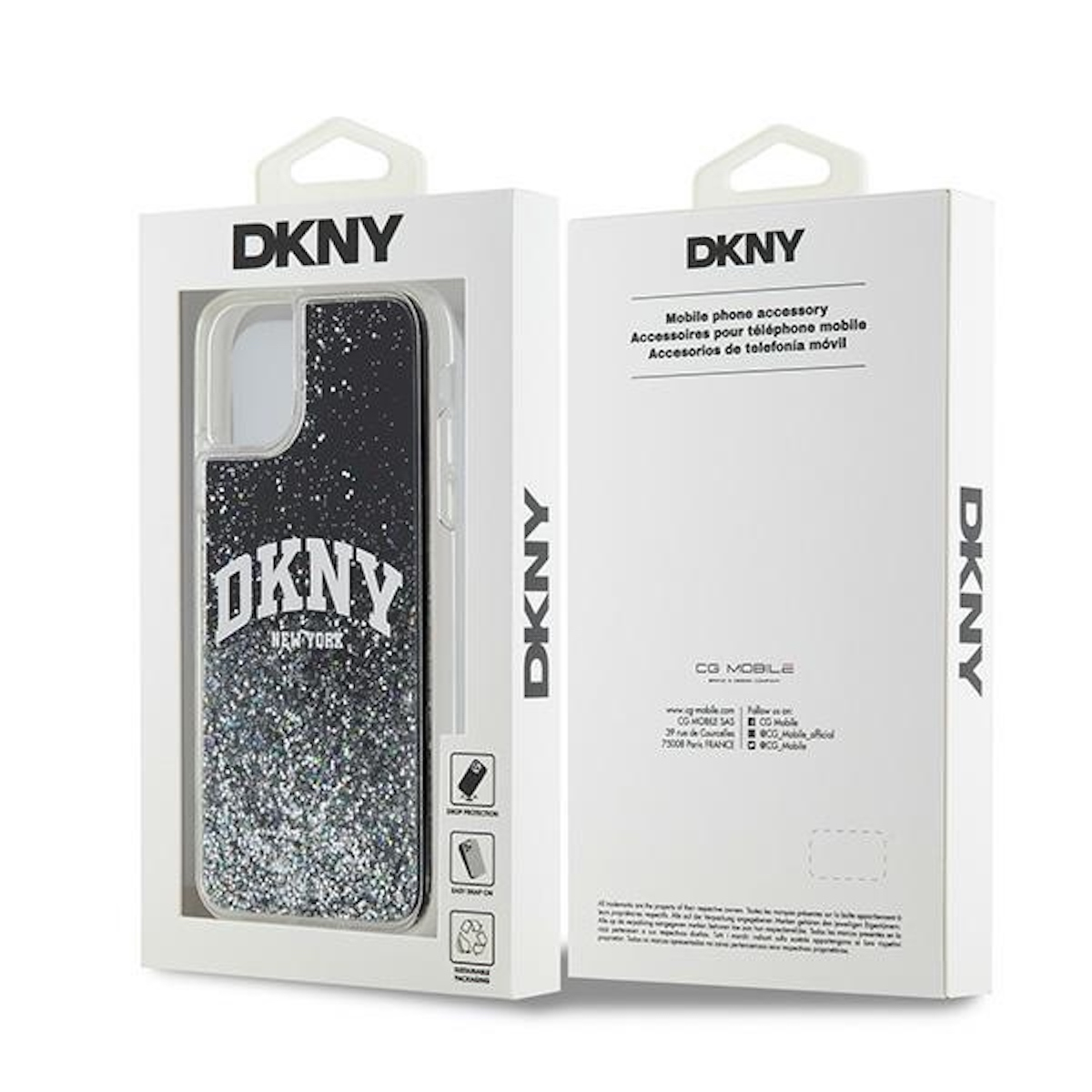 Custodia DKNY per telefono in una scatola. La custodia è nera con glitter. Il logo DKNY è bianco. Scatola bianca con testo DKNY.