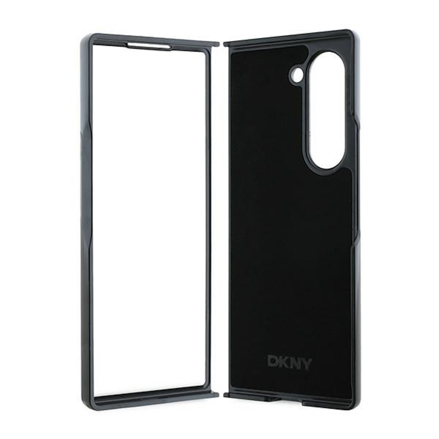 Custodia nera per telefono DKNY. La custodia è aperta, mostrando l'interno. Un logo DKNY è visibile in basso a destra.