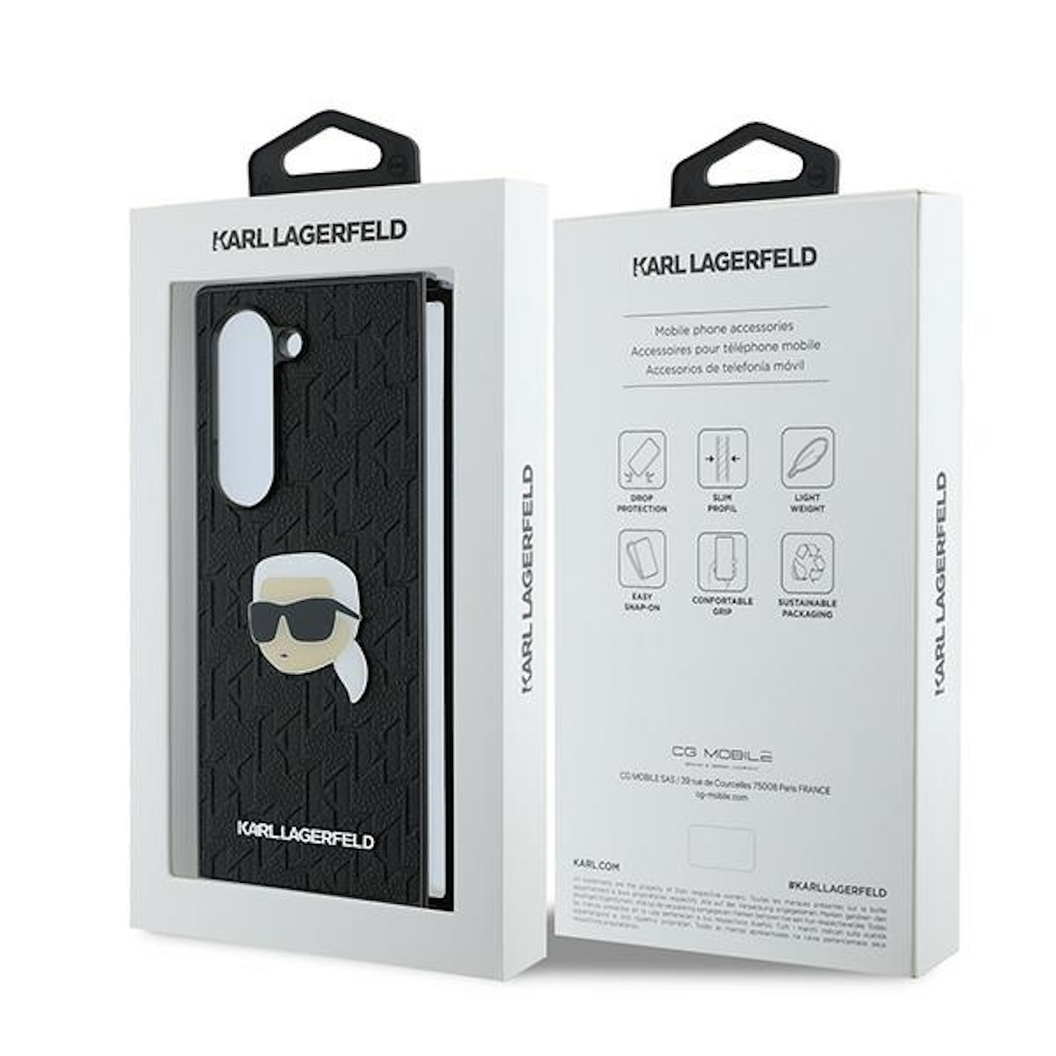 Custodia nera per telefono in una scatola. La custodia ha il logo di Karl Lagerfeld e uno sfondo bianco. La scatola è bianca.