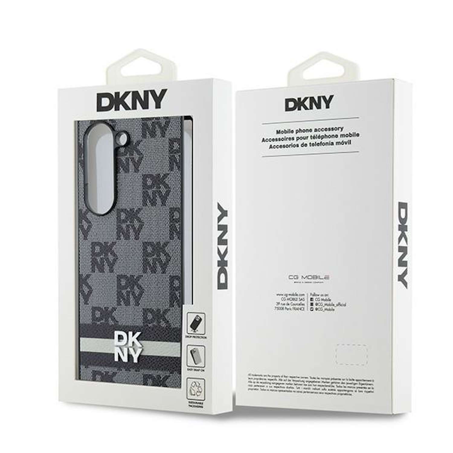 Custodia DKNY per telefono in una scatola. La custodia ha uno sfondo rosa con loghi DKNY. La scatola è bianca.