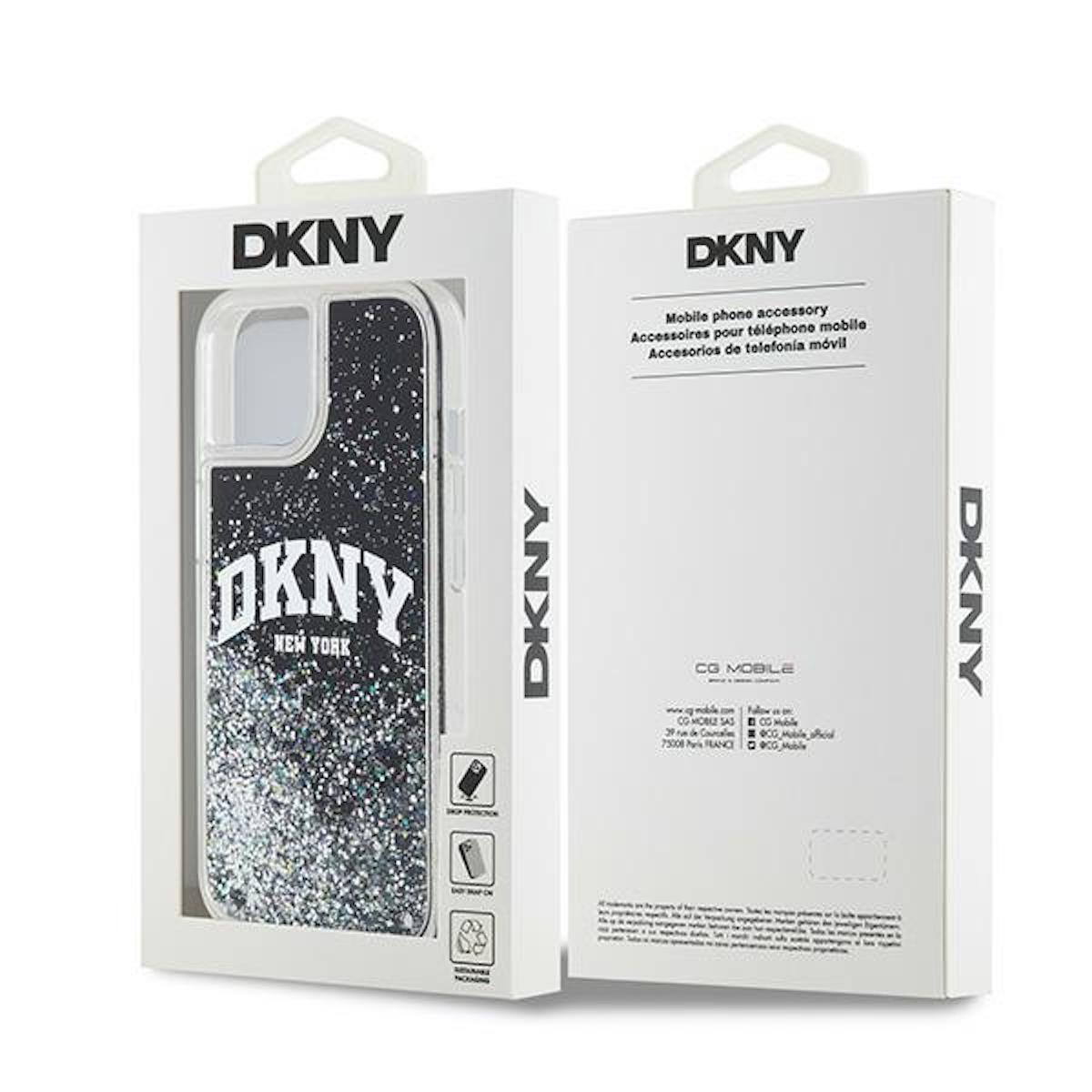Custodia DKNY per telefono in scatola. La custodia è nera con design glitterato e logo DKNY bianco. La scatola è bianca.