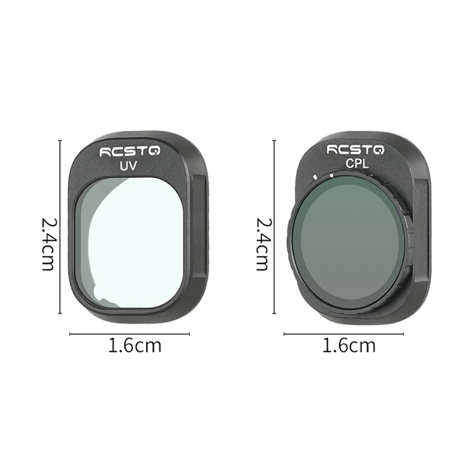 Dos filtros de lente negros. El izquierdo es UV, el derecho CPL. Ambos son rectangulares con detalles de tamaño.