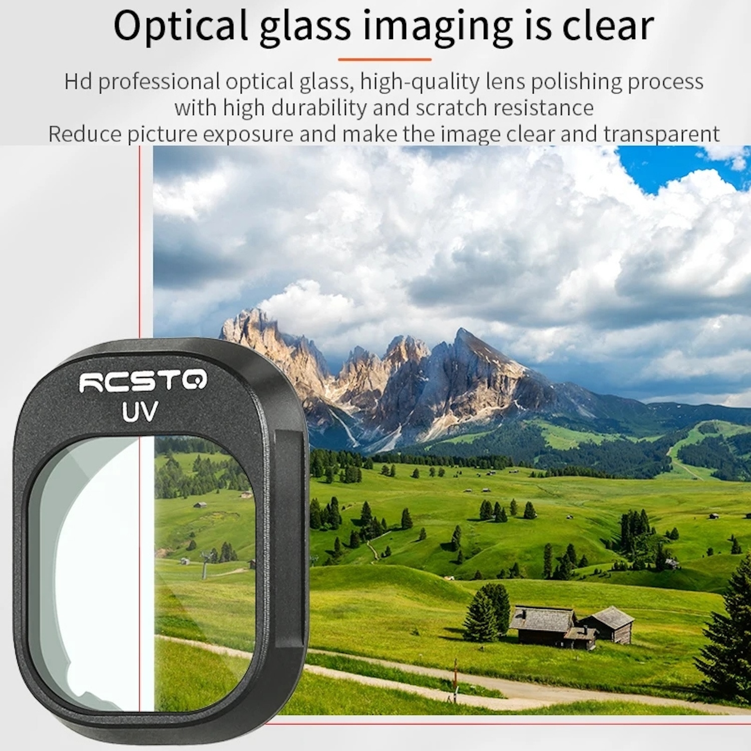 Filtro de lente negro sobre paisaje. Texto: 'Optical glass imaging is clear'. Montañas al fondo.