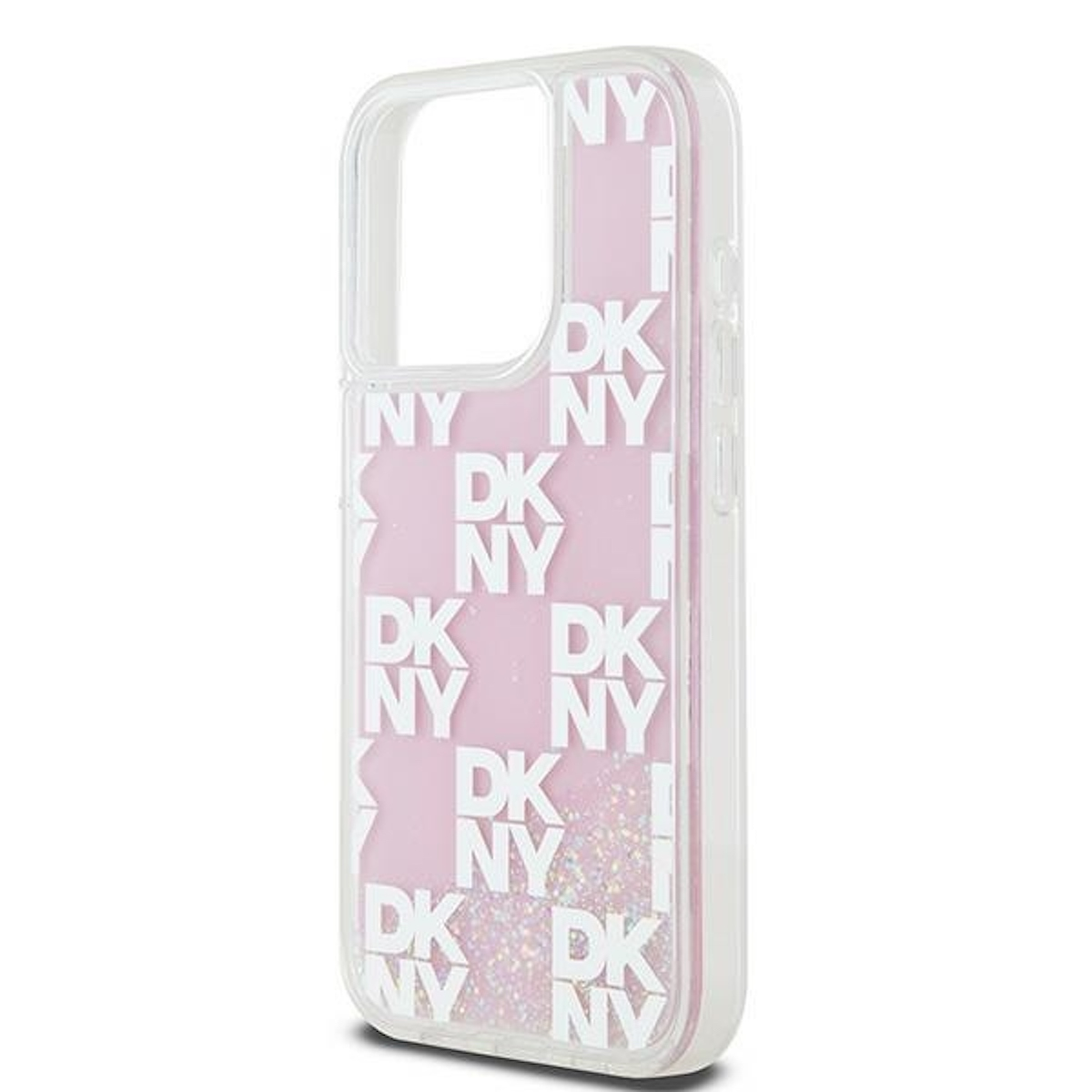 Custodia per telefono rosa con loghi DKNY. I loghi DKNY sono bianchi. La custodia è su uno sfondo bianco.