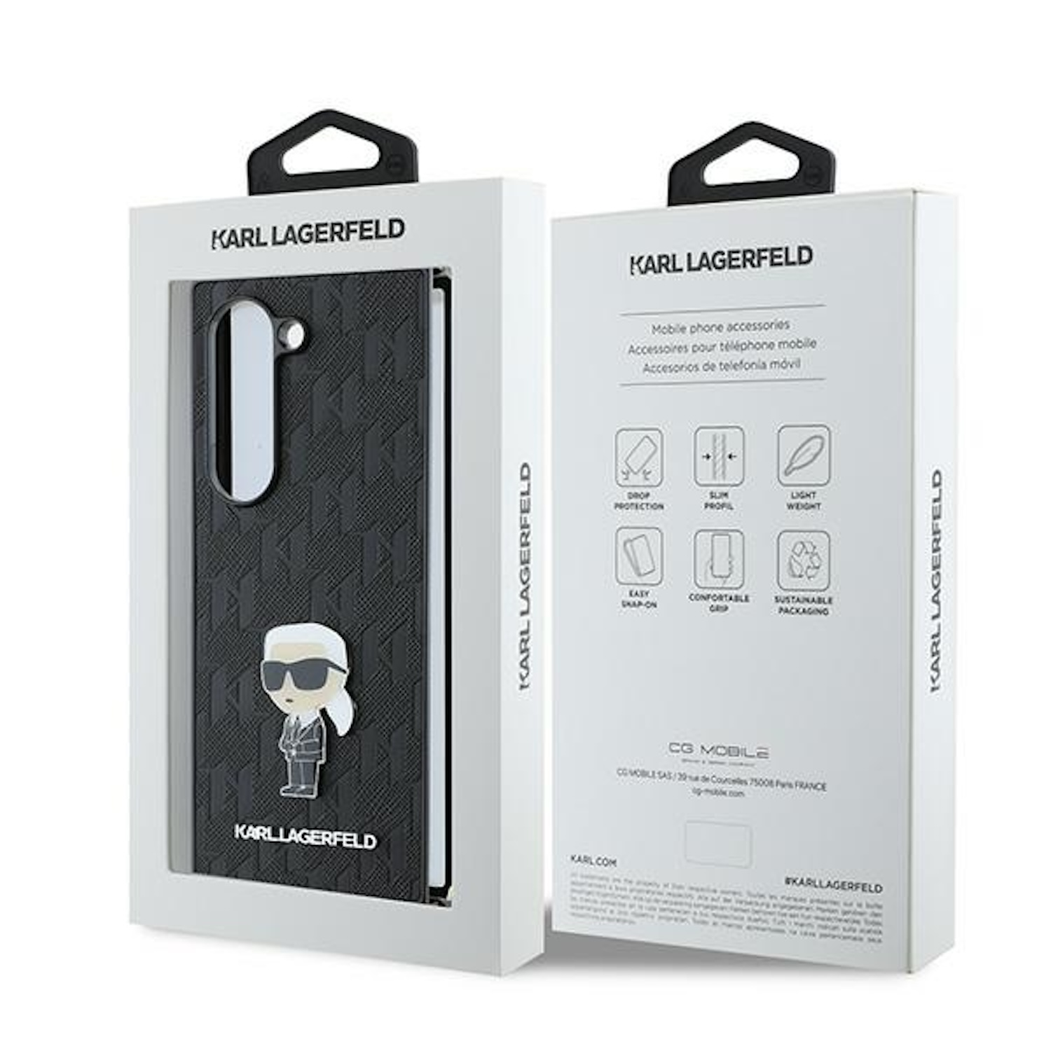 Scatola per custodia per telefono Karl Lagerfeld. Custodia nera con logo e personaggio dei cartoni animati. Sfondo bianco.