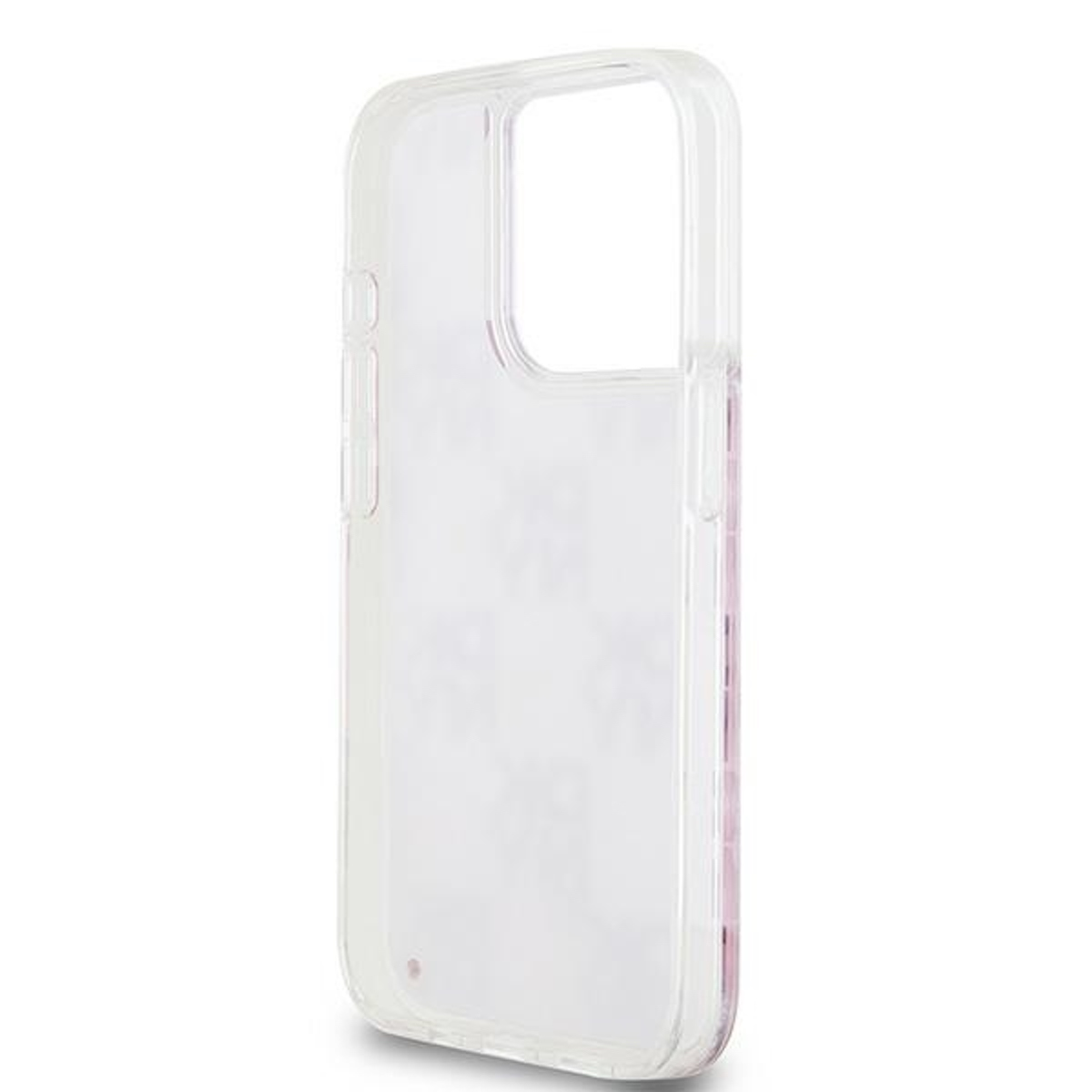 Custodia trasparente per telefono. Trasparente con accento rosa chiaro in basso. Su superficie bianca.