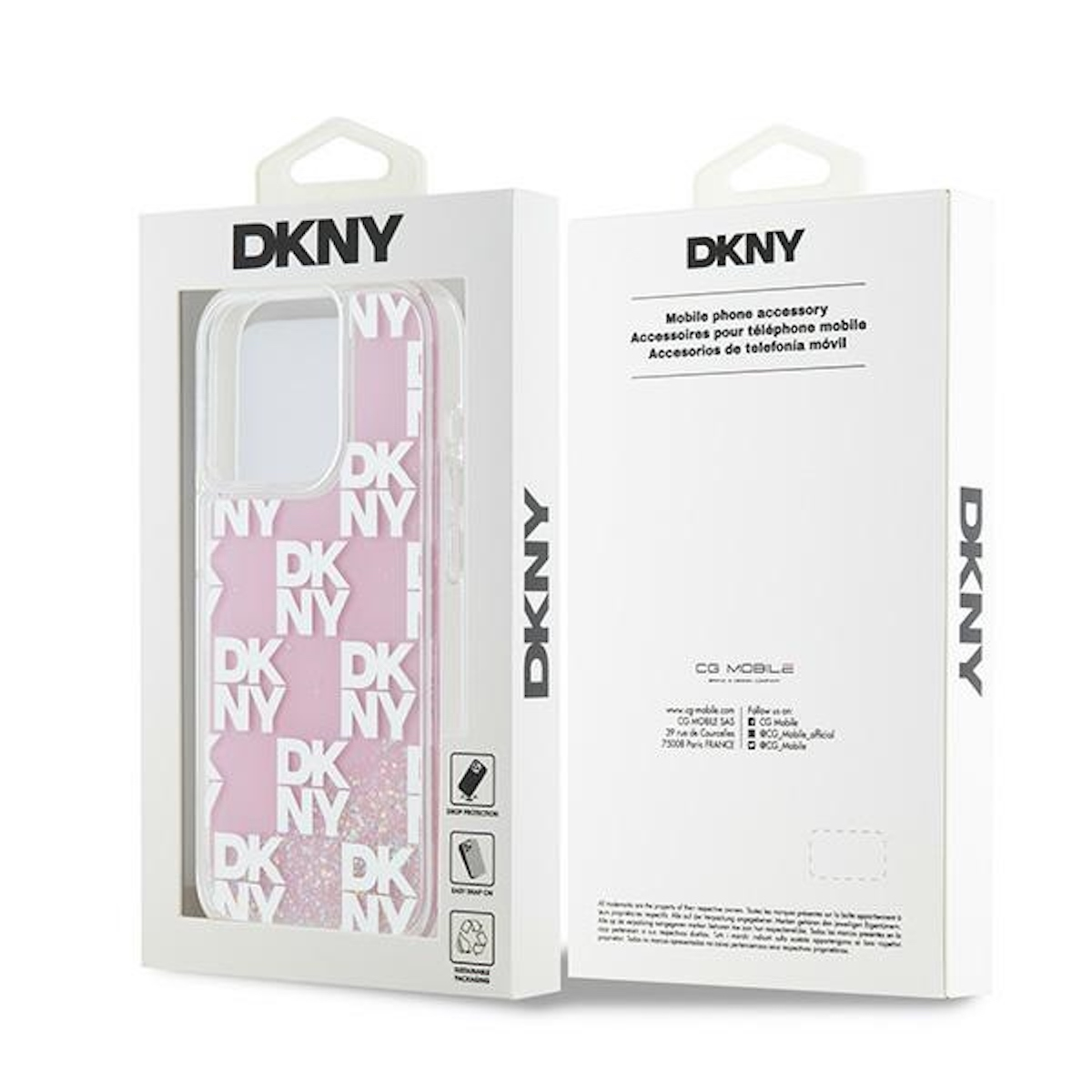 Scatola per custodia per telefono DKNY. Custodia per telefono rosa con logo DKNY. Sfondo bianco.