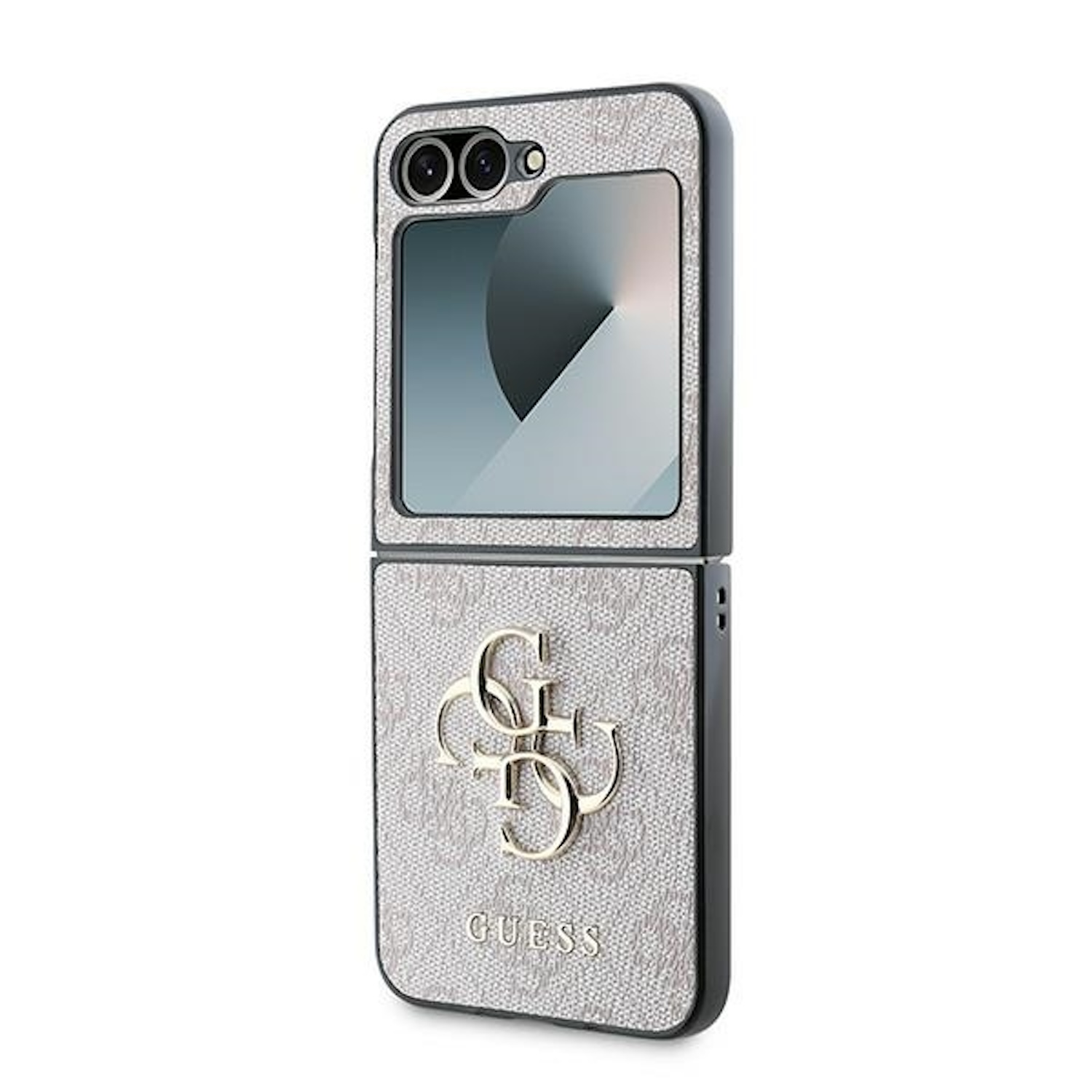 Custodia per telefono GUESS. Il telefono ha uno schermo visibile. Un logo GUESS dorato. Sfondo bianco.