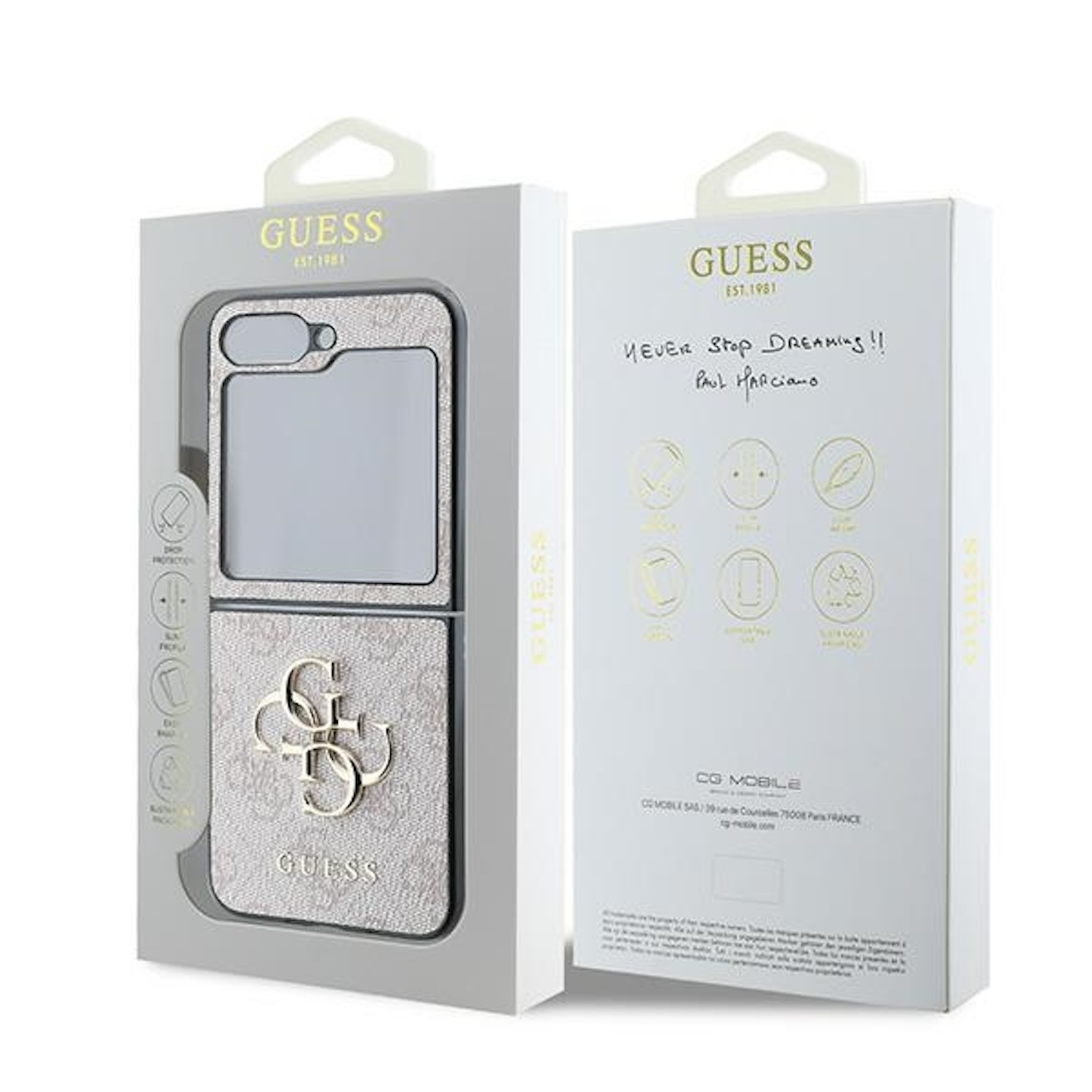Una scatola di custodia per telefono Guess aperta, che mostra una custodia per telefono con un motivo floreale. Il retro ha una nota manoscritta.