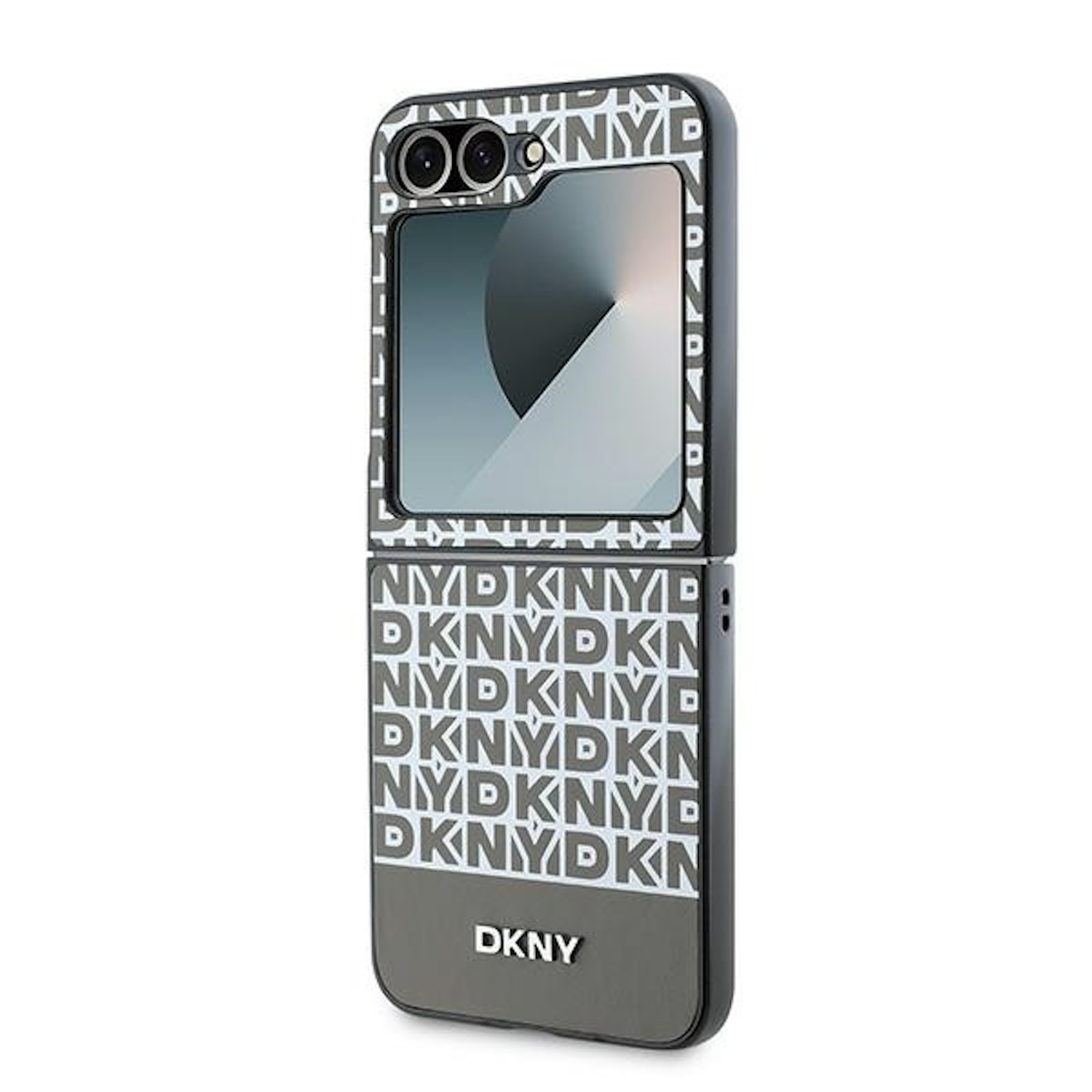 Una custodia per telefono DKNY bianca e grigia con il logo DKNY ripetuto.