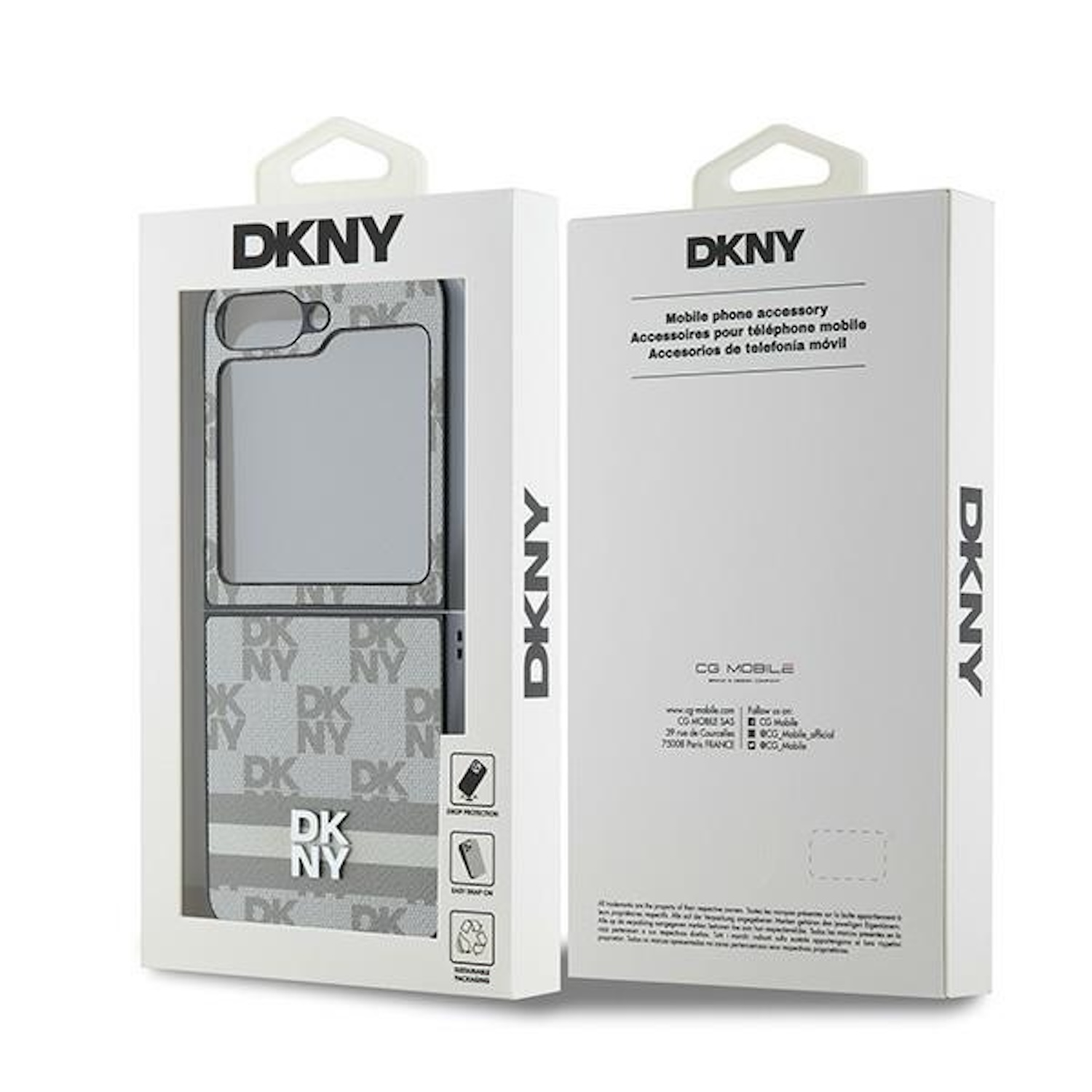 Due scatole di custodie DKNY, che mostrano custodie e funzionalità, con testo e design.