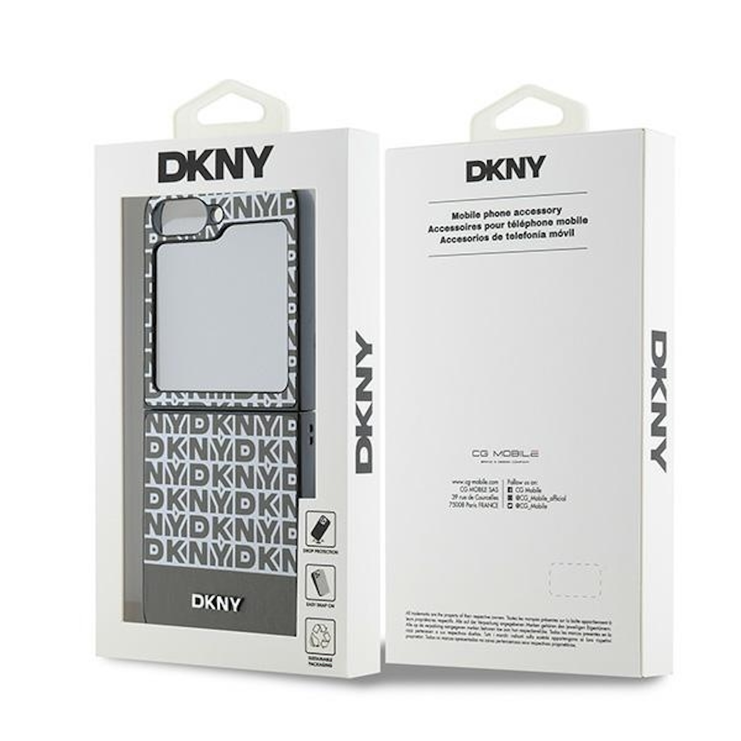Scatola del telefono DKNY. Mostra una custodia per telefono. Testo sulla scatola: DKNY, accessorio per telefono.