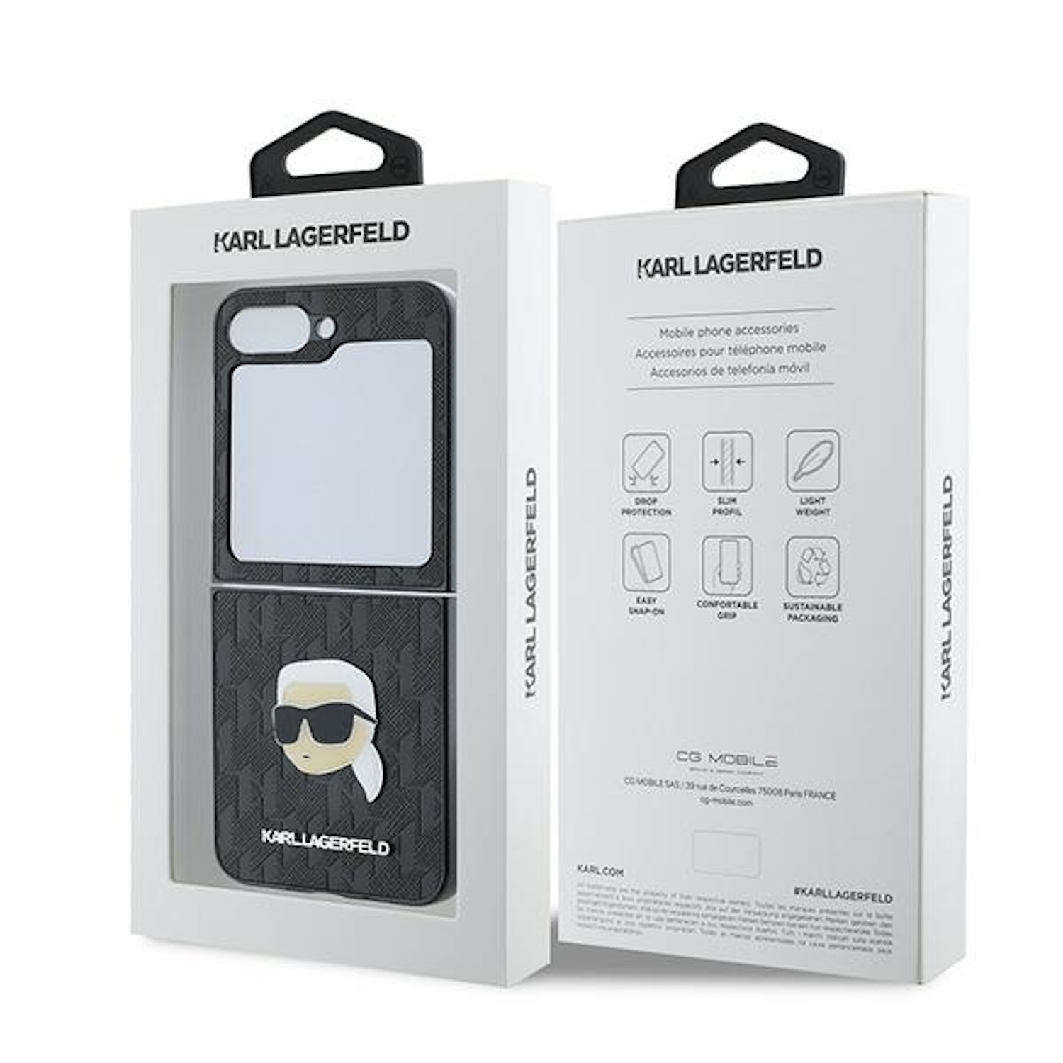 Due scatole di custodie per telefono, che mostrano custodie e funzionalità, con marchio Karl Lagerfeld.