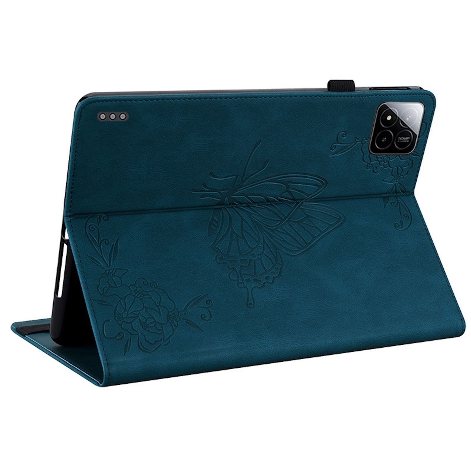 Eine türkisblaue Tablet-Hülle mit Schmetterlingsdesign, offen, zeigt den Bildschirm und den Kamerabereich.