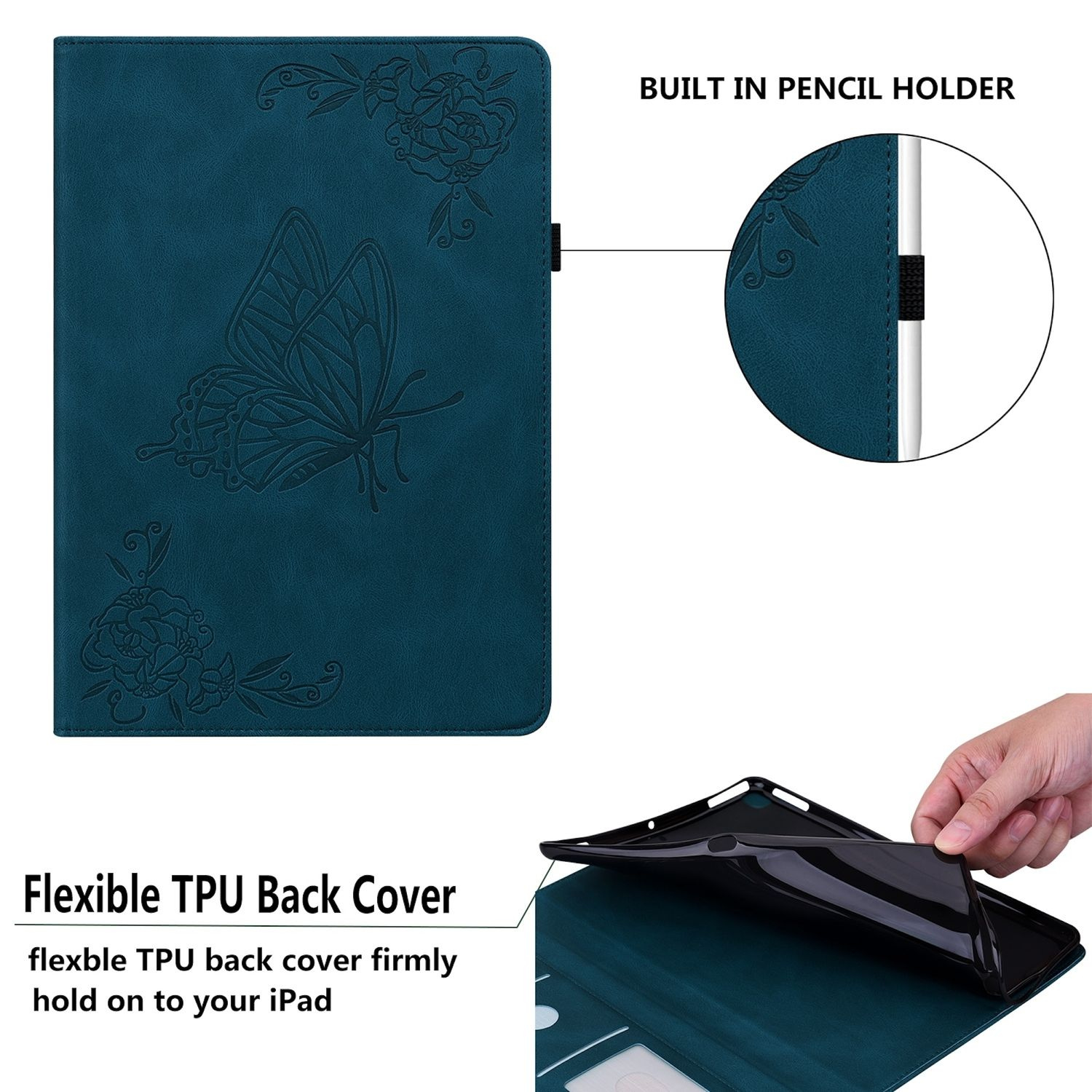 Blaue Tablethülle mit Schmetterlingsdesign und Stifthalter.