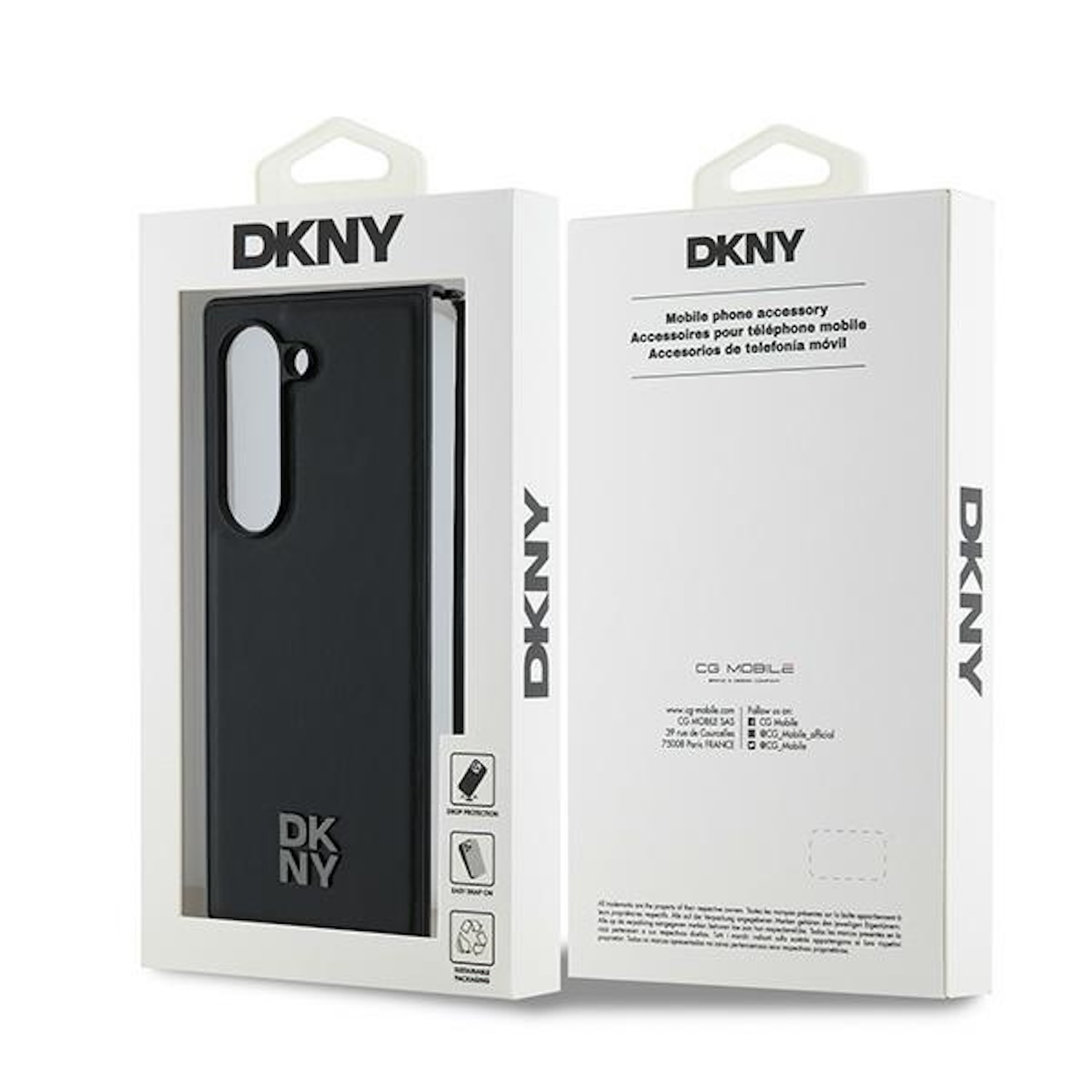 Una custodia per telefono DKNY in una scatola bianca. Un lato mostra la custodia, l'altro il testo sull'accessorio del telefono.